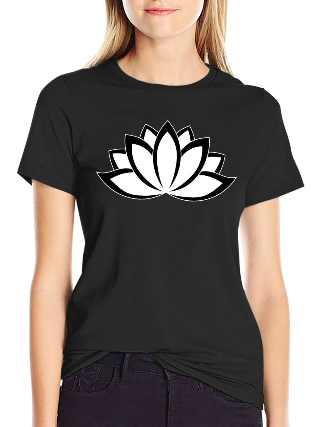 Black T-Shirt with White Lotus Flower Design