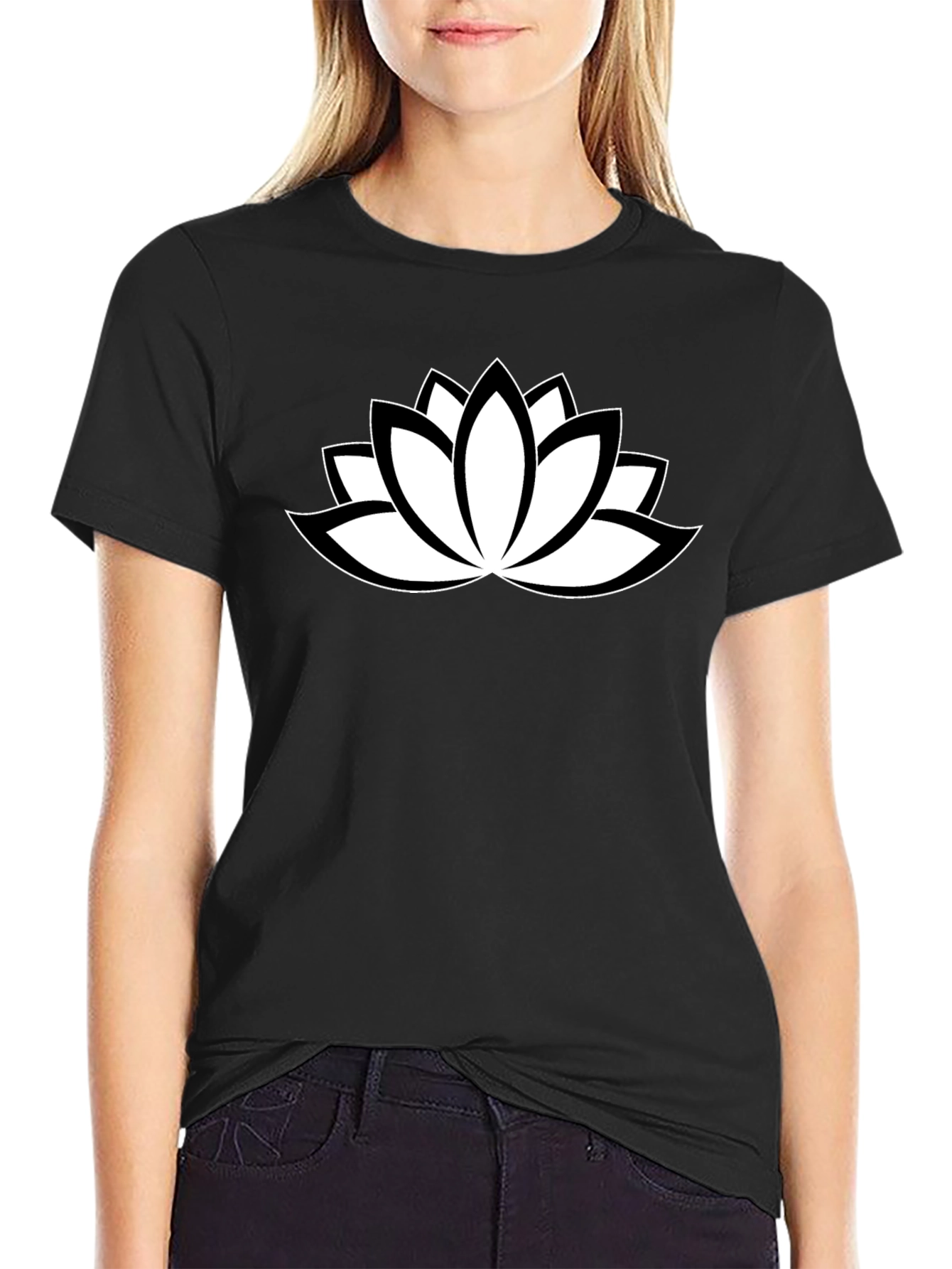 Black T-Shirt with White Lotus Flower Design