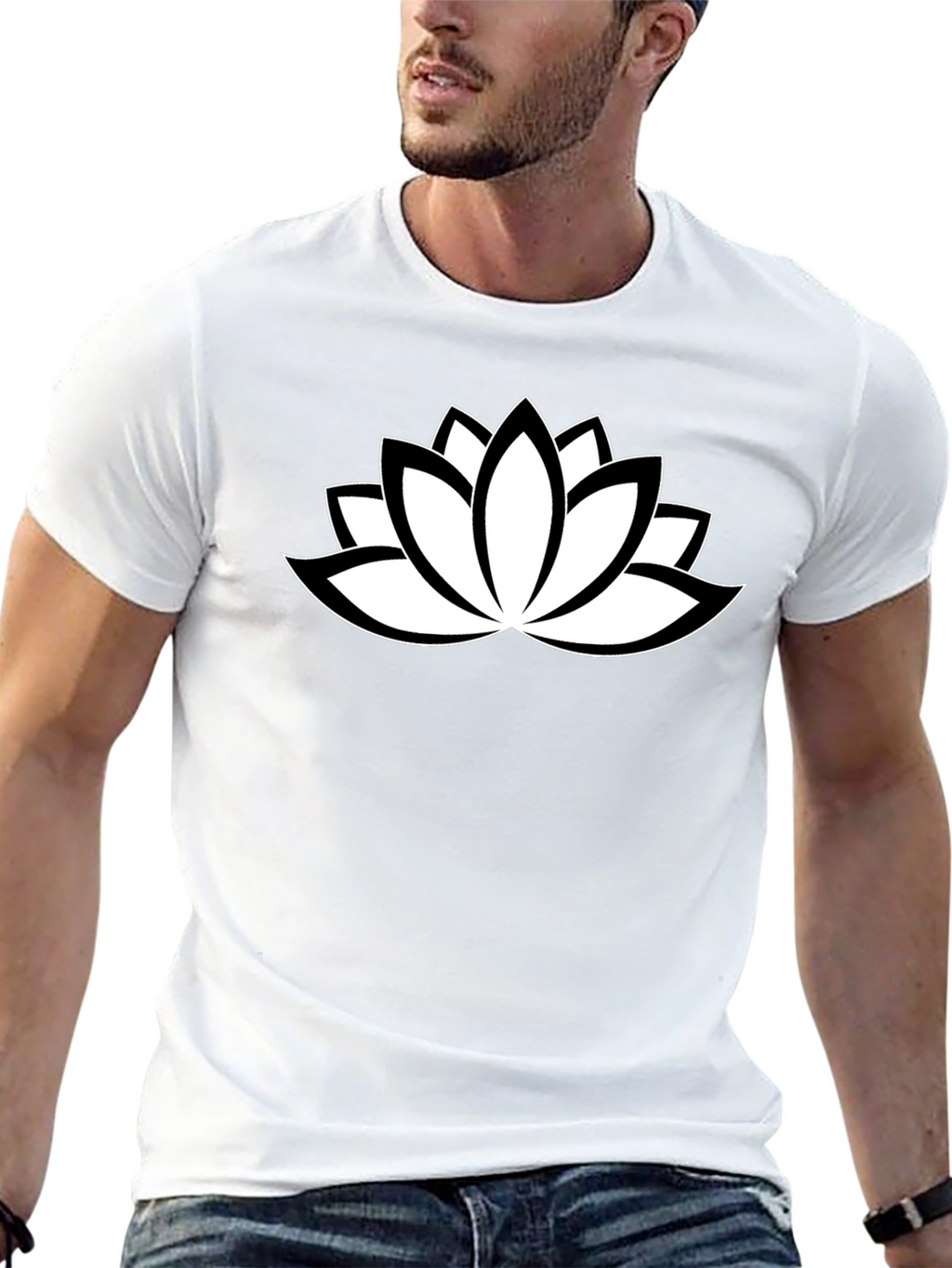 Black T-Shirt with White Lotus Flower Design