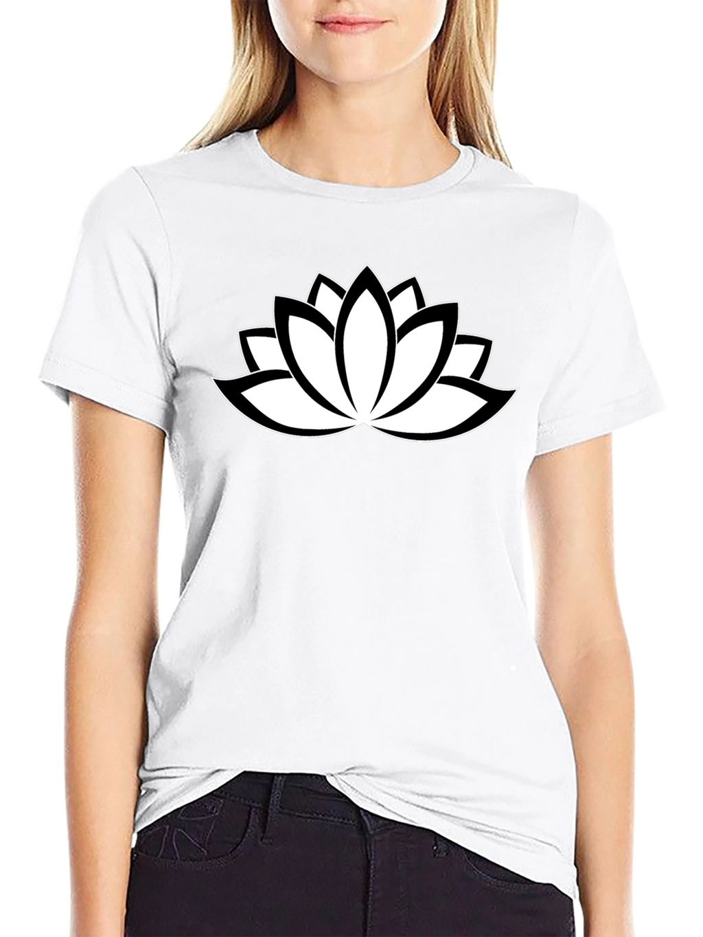 Black T-Shirt with White Lotus Flower Design