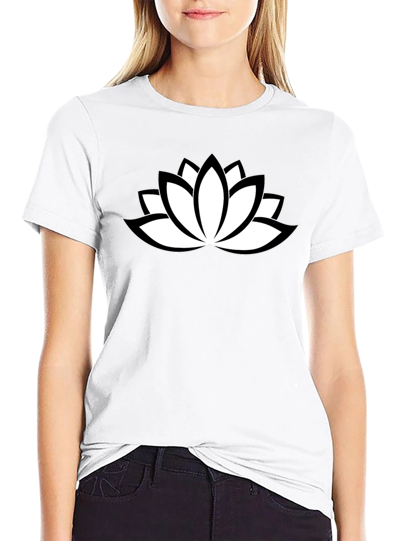 Black T-Shirt with White Lotus Flower Design