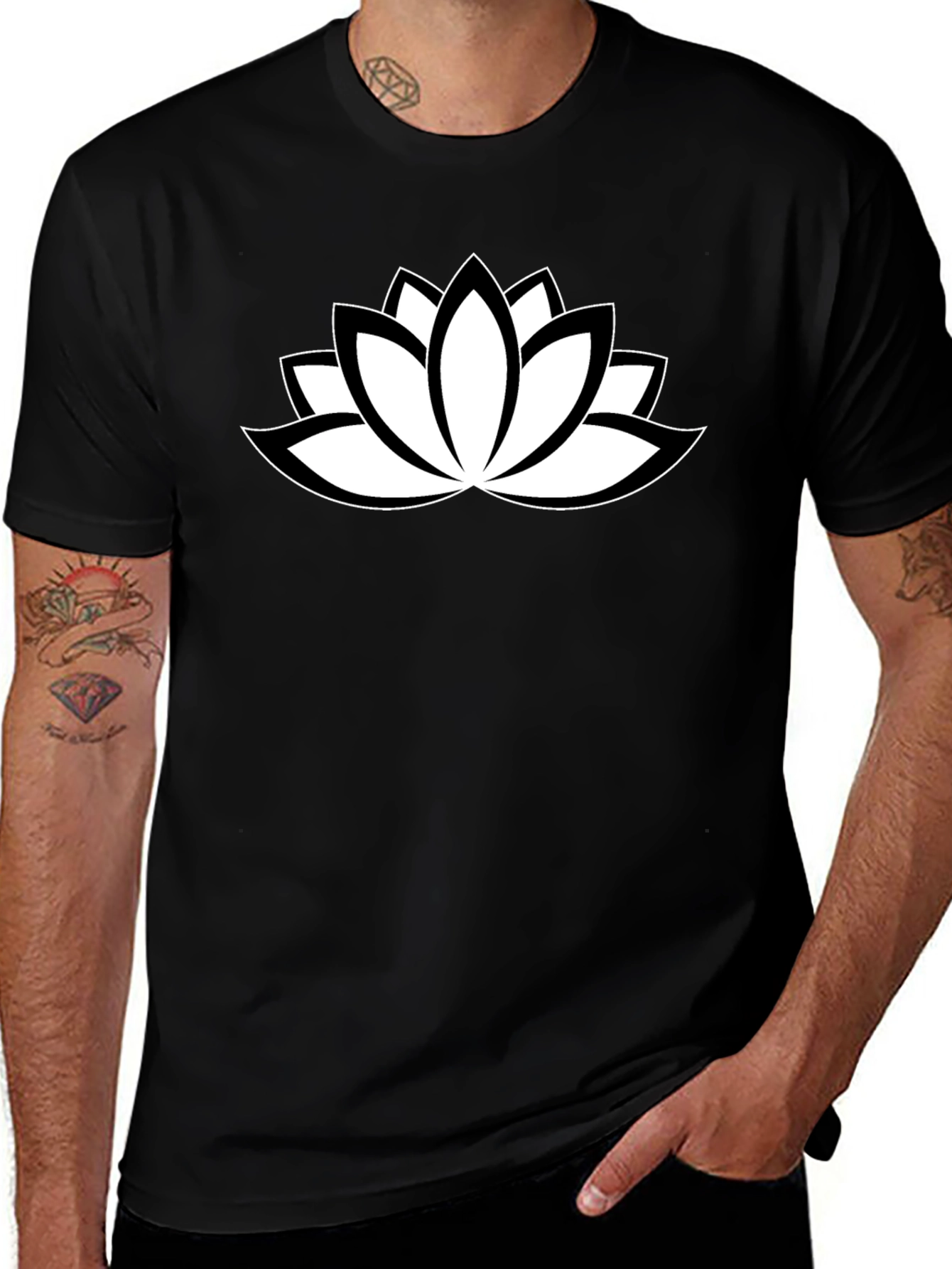 Black T-Shirt with White Lotus Flower Design