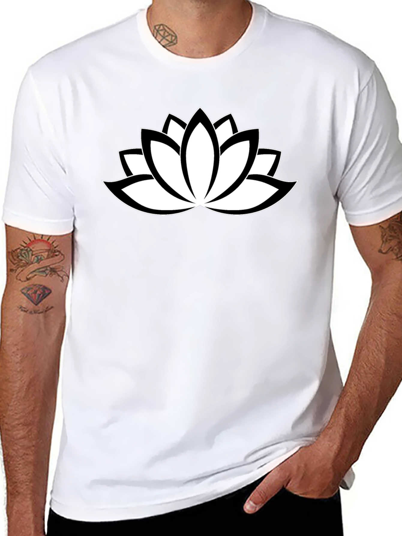 Black T-Shirt with White Lotus Flower Design