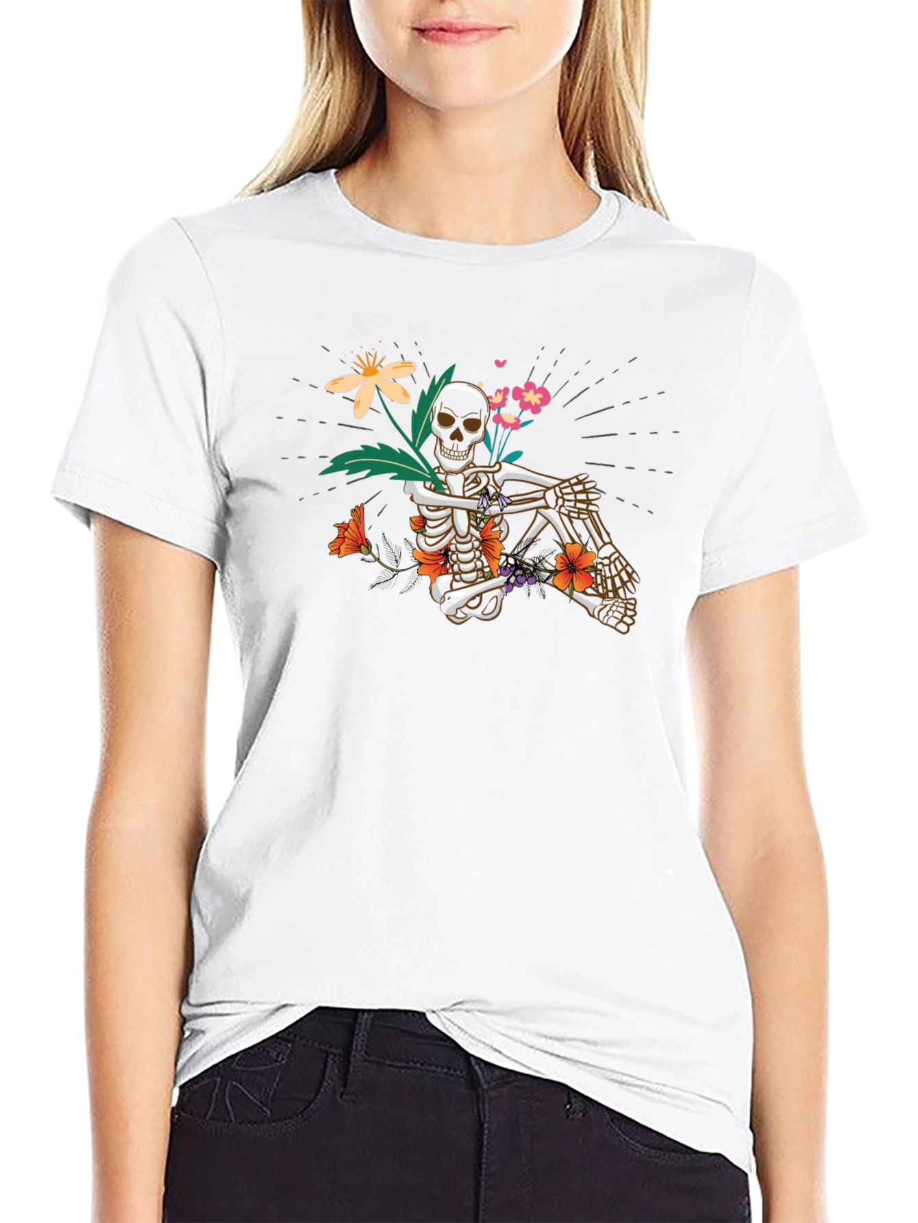 Floral Skeleton Graphic Tee - Unisex Black T-Shirt