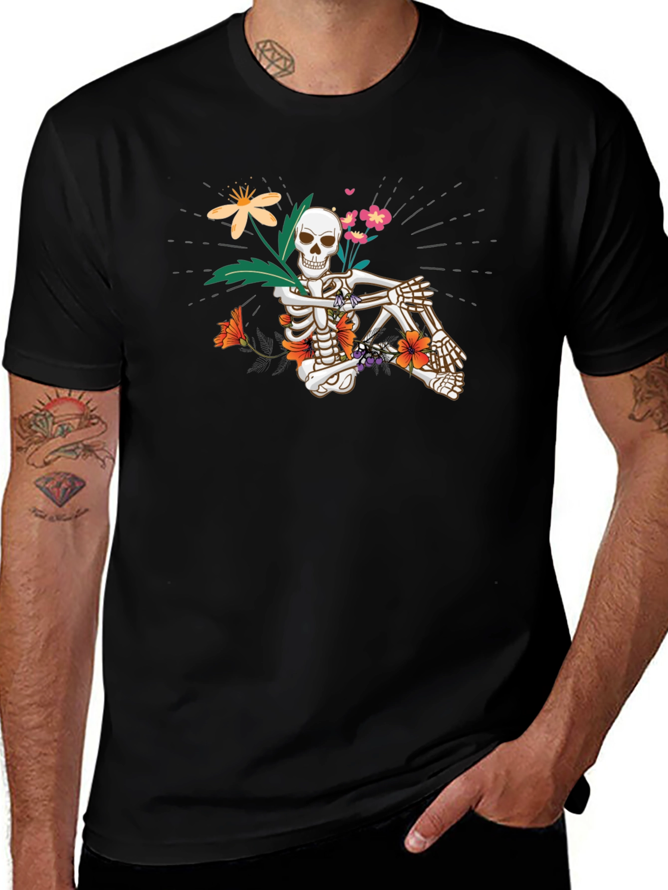 Floral Skeleton Graphic Tee - Unisex Black T-Shirt