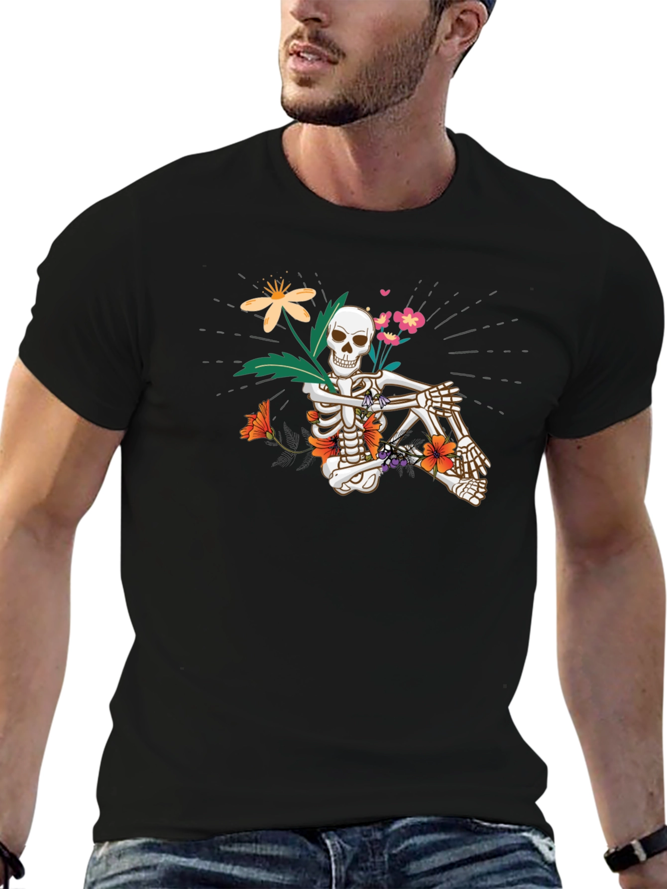 Floral Skeleton Graphic Tee - Unisex Black T-Shirt