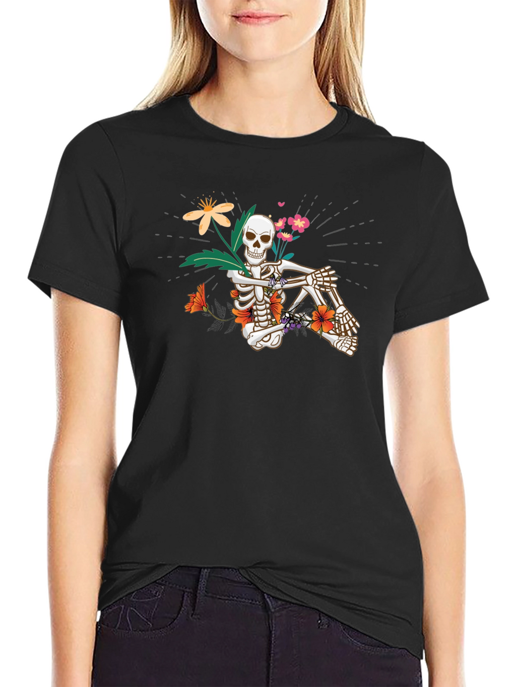 Floral Skeleton Graphic Tee - Unisex Black T-Shirt