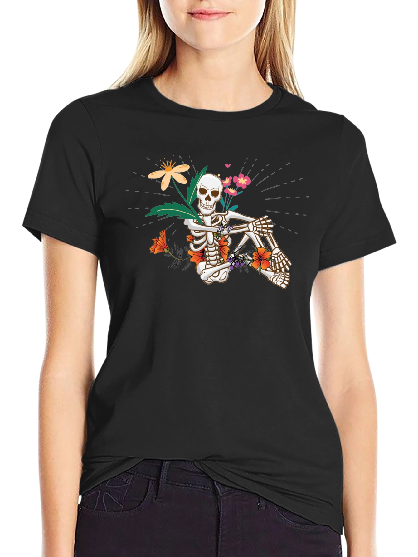 Floral Skeleton Graphic Tee - Unisex Black T-Shirt