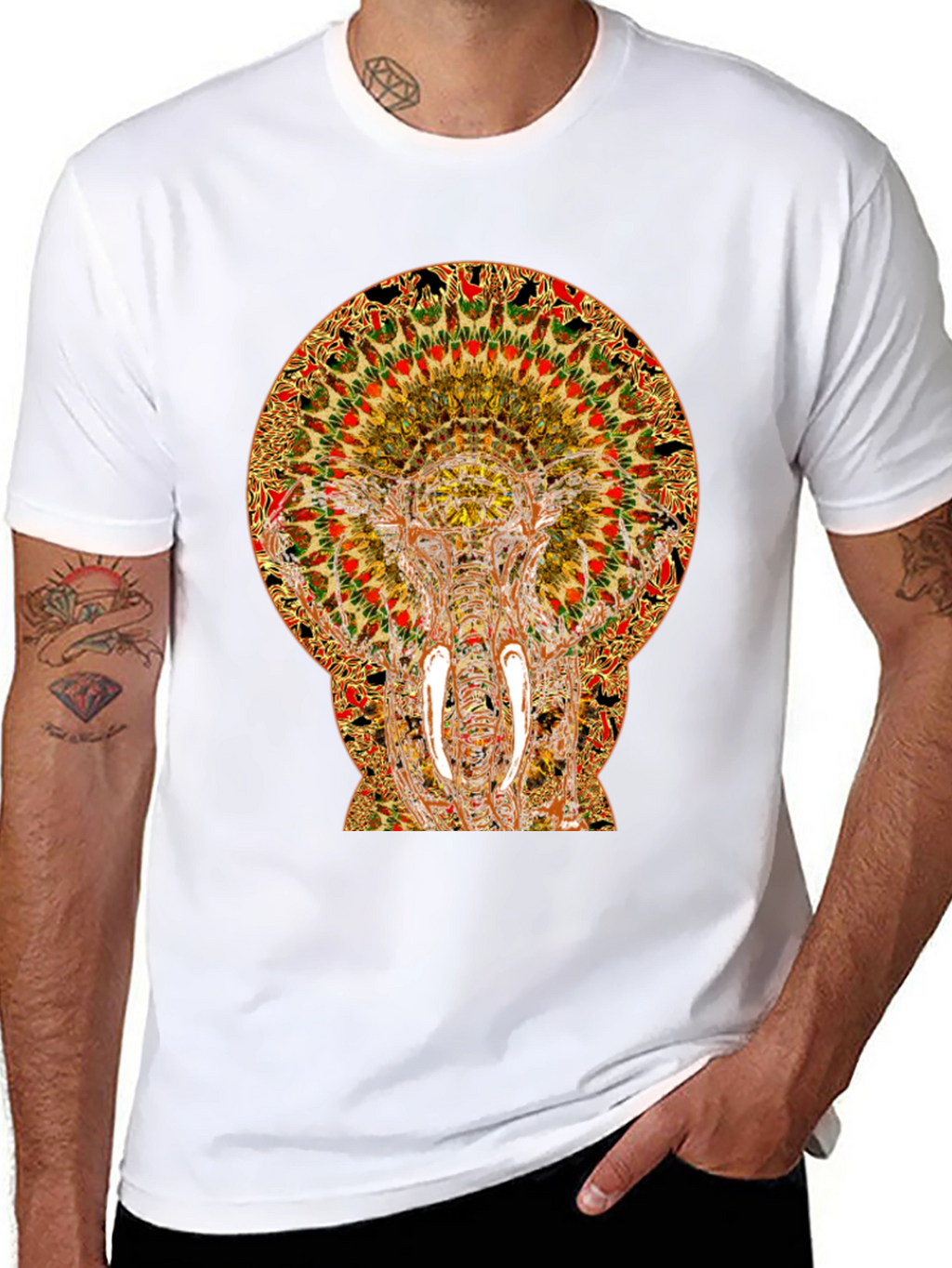 Psychedelic Elephant Print Black T-Shirt