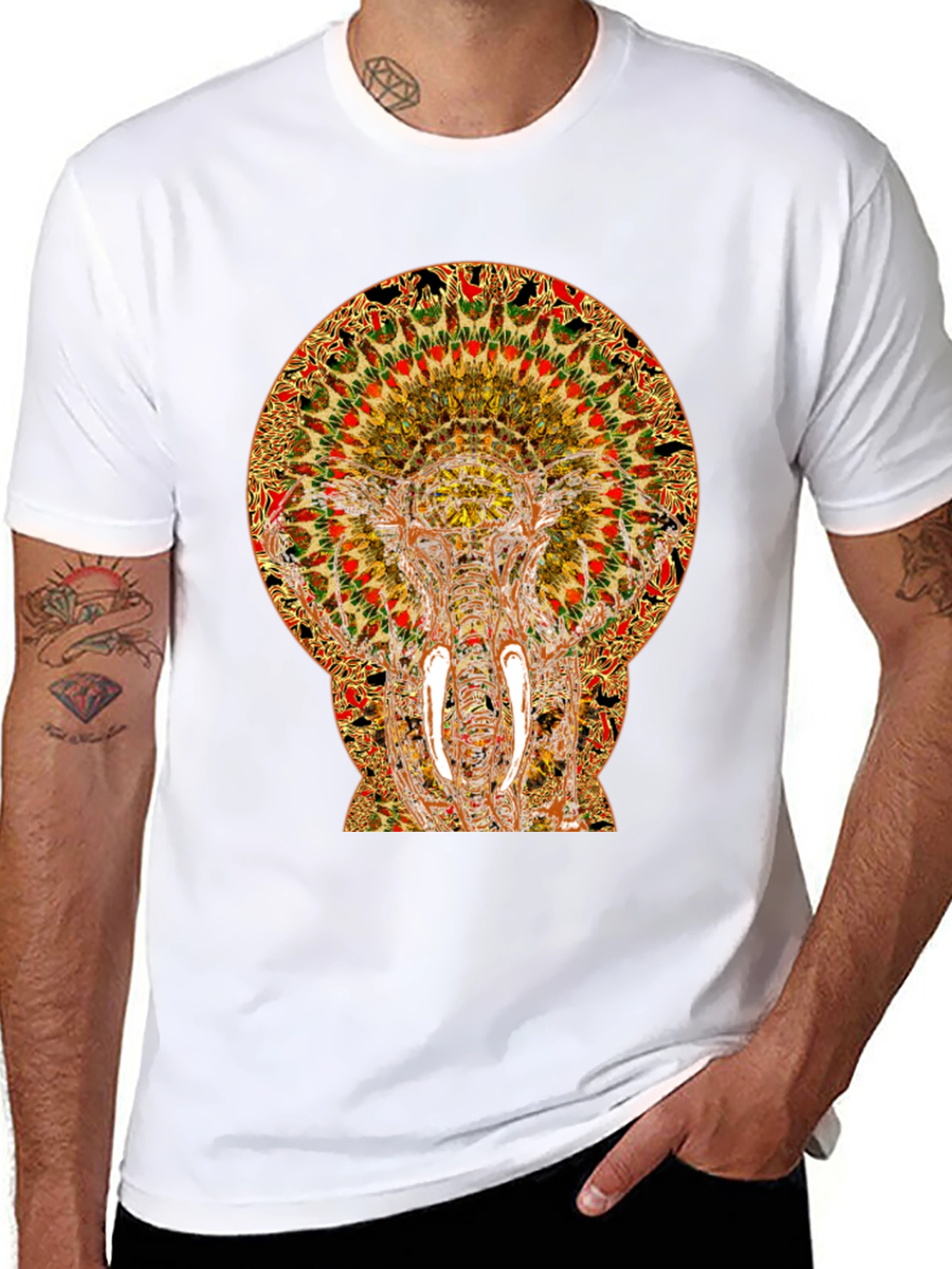 Psychedelic Elephant Print Black T-Shirt