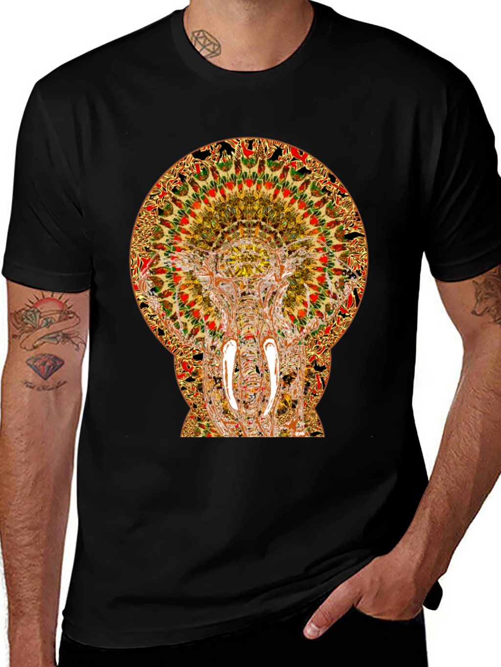 Psychedelic Elephant Print Black T-Shirt
