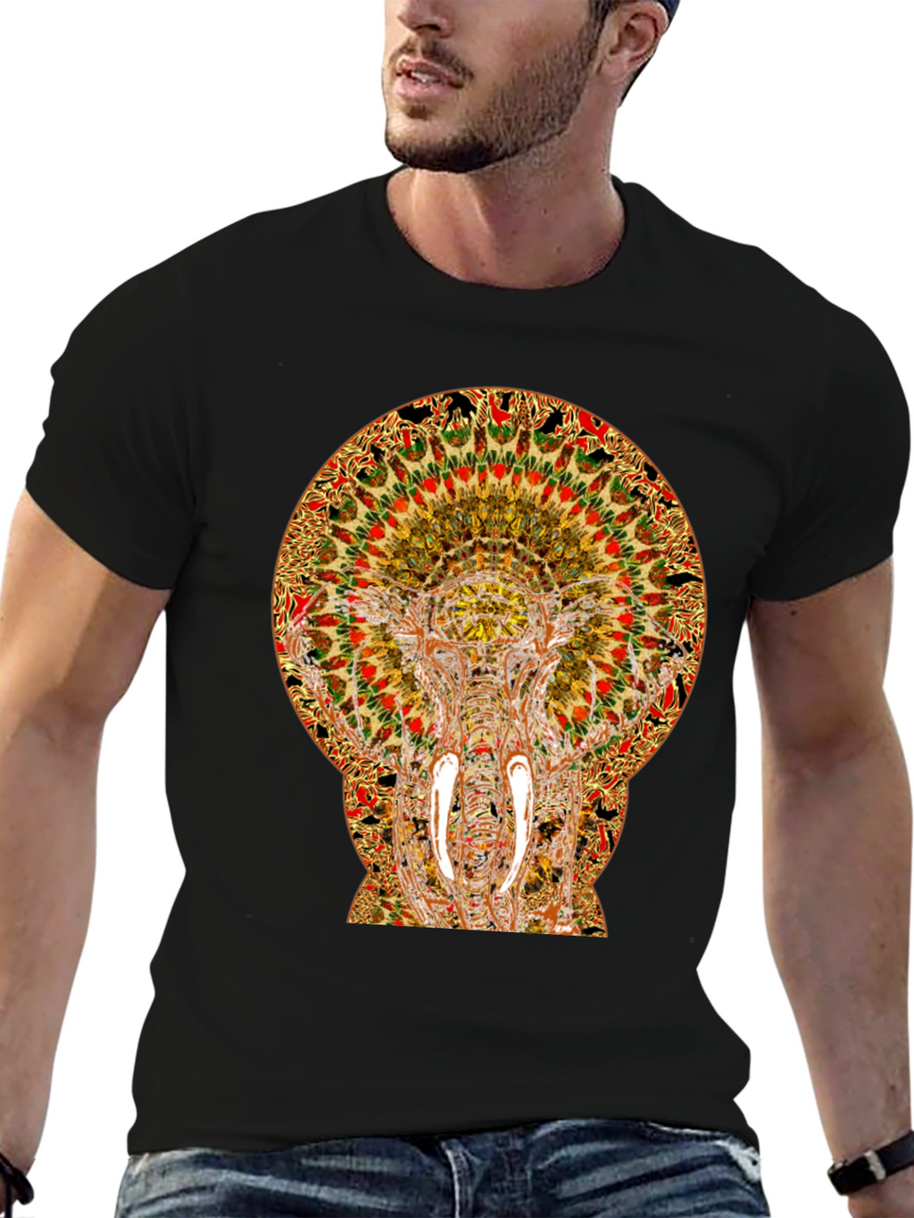 Psychedelic Elephant Print Black T-Shirt