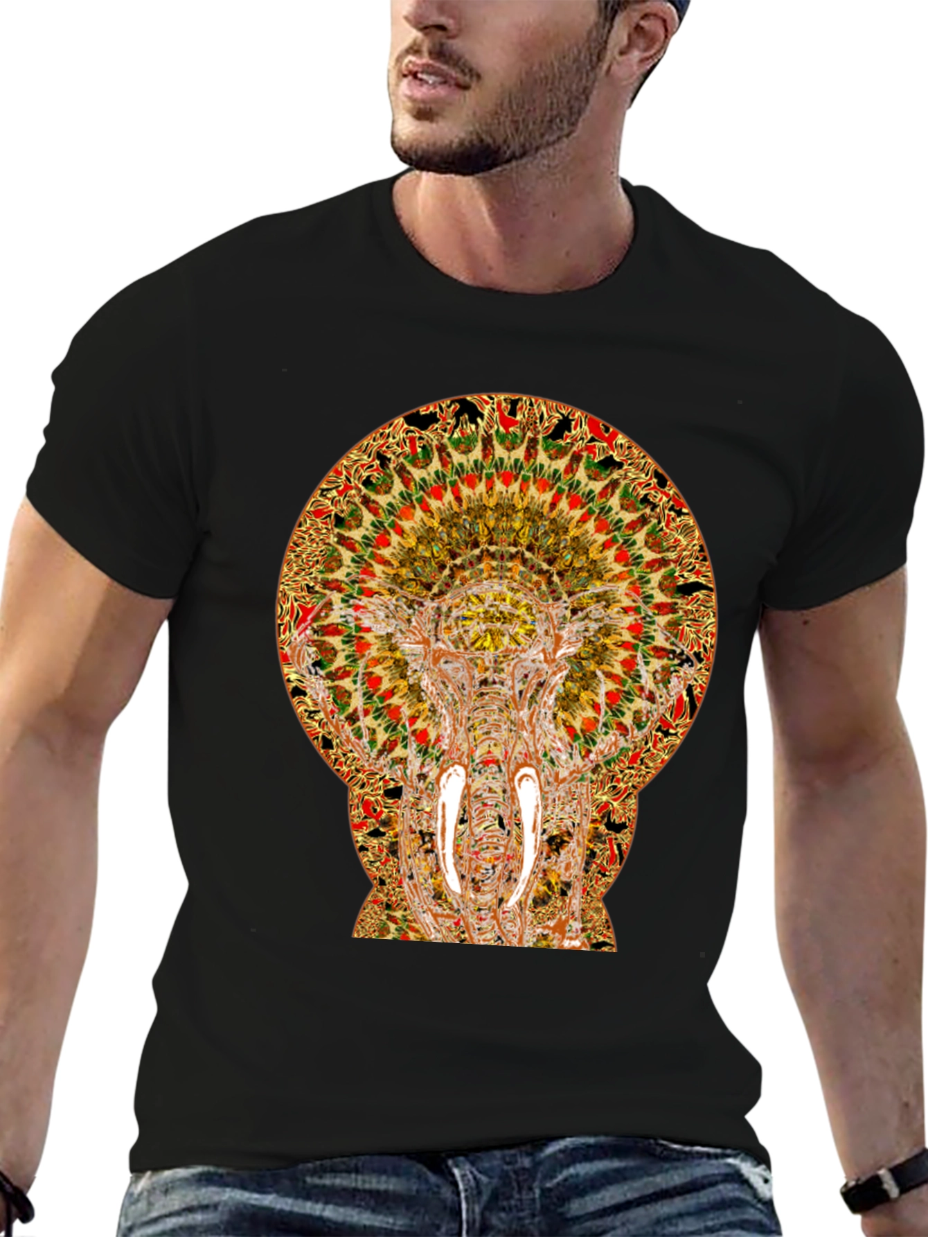Psychedelic Elephant Print Black T-Shirt