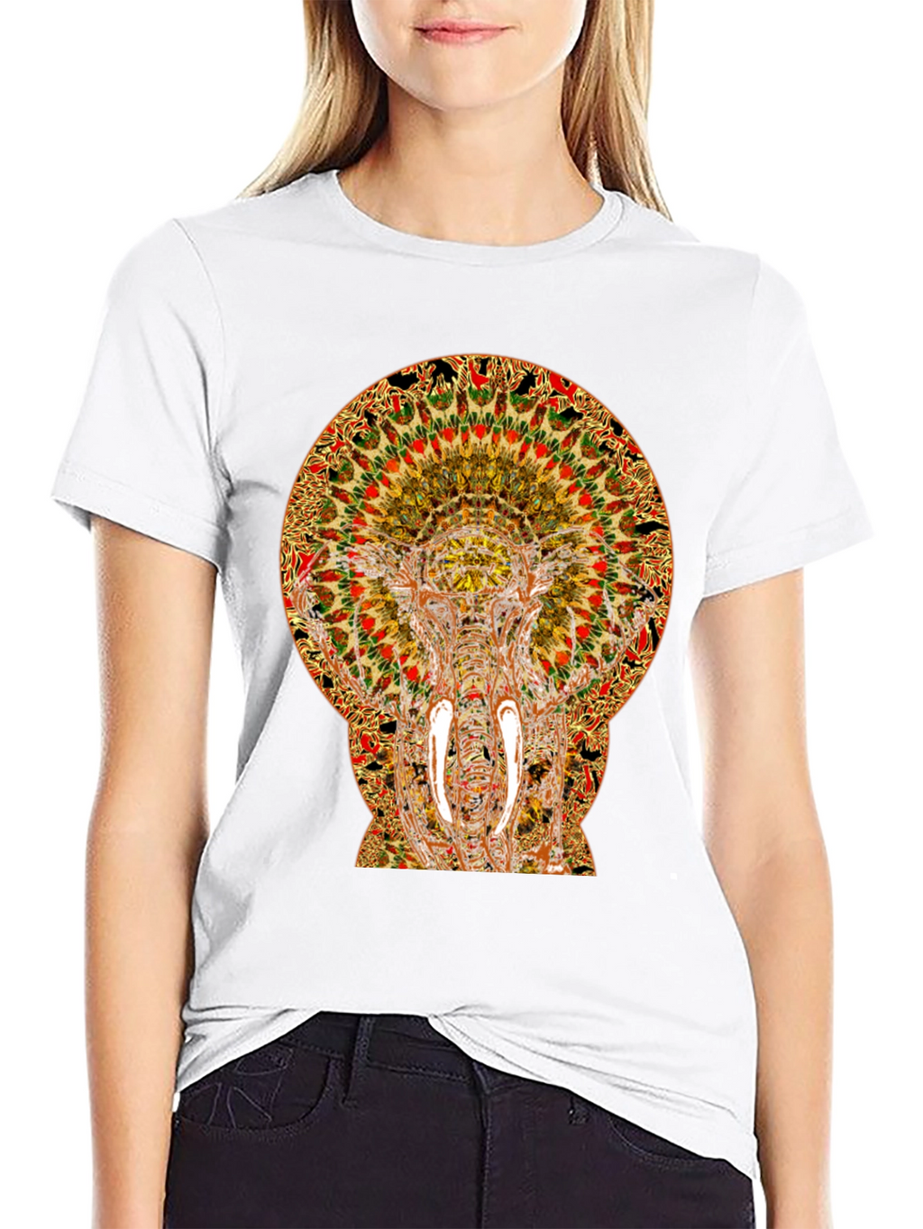 Psychedelic Elephant Print Black T-Shirt