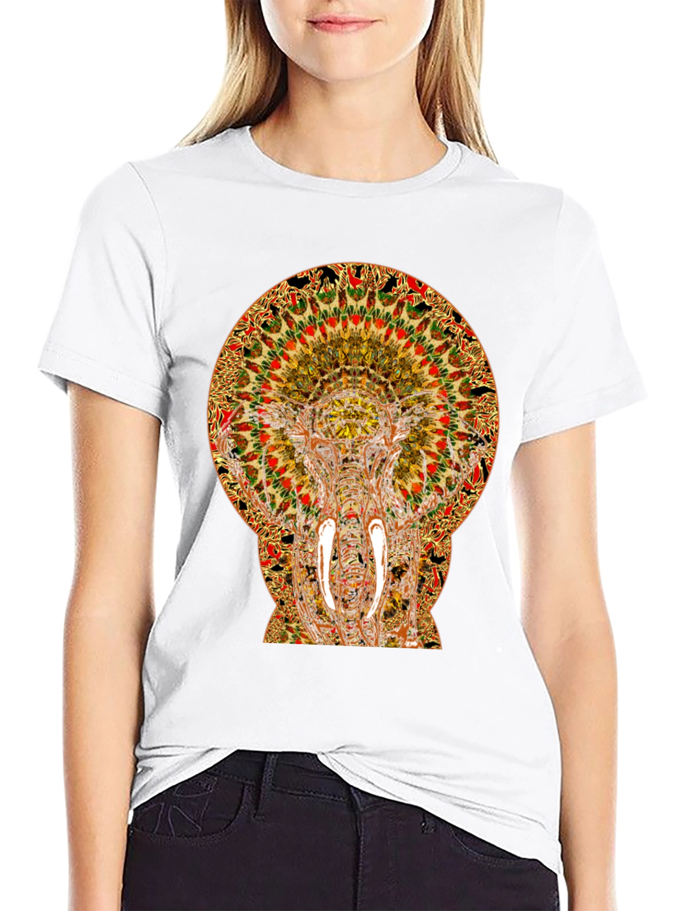 Psychedelic Elephant Print Black T-Shirt