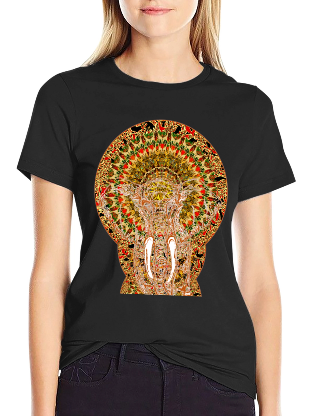 Psychedelic Elephant Print Black T-Shirt