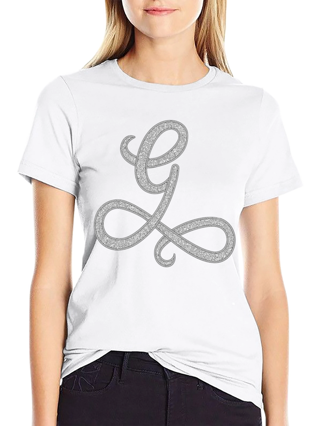 Elegant Letter L Graphic Tee - Black Cotton Blend