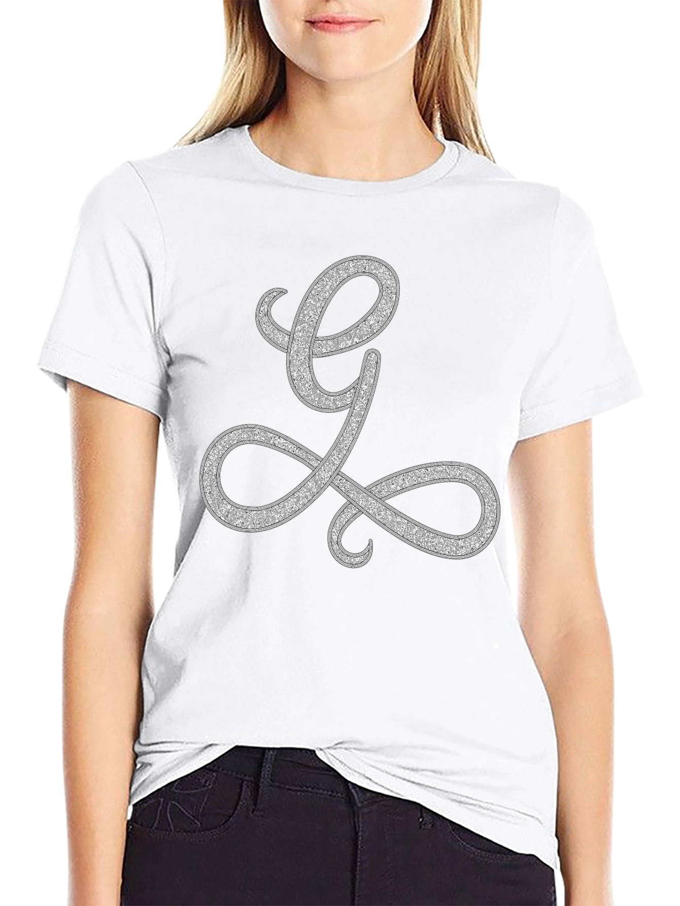 Elegant Letter L Graphic Tee - Black Cotton Blend