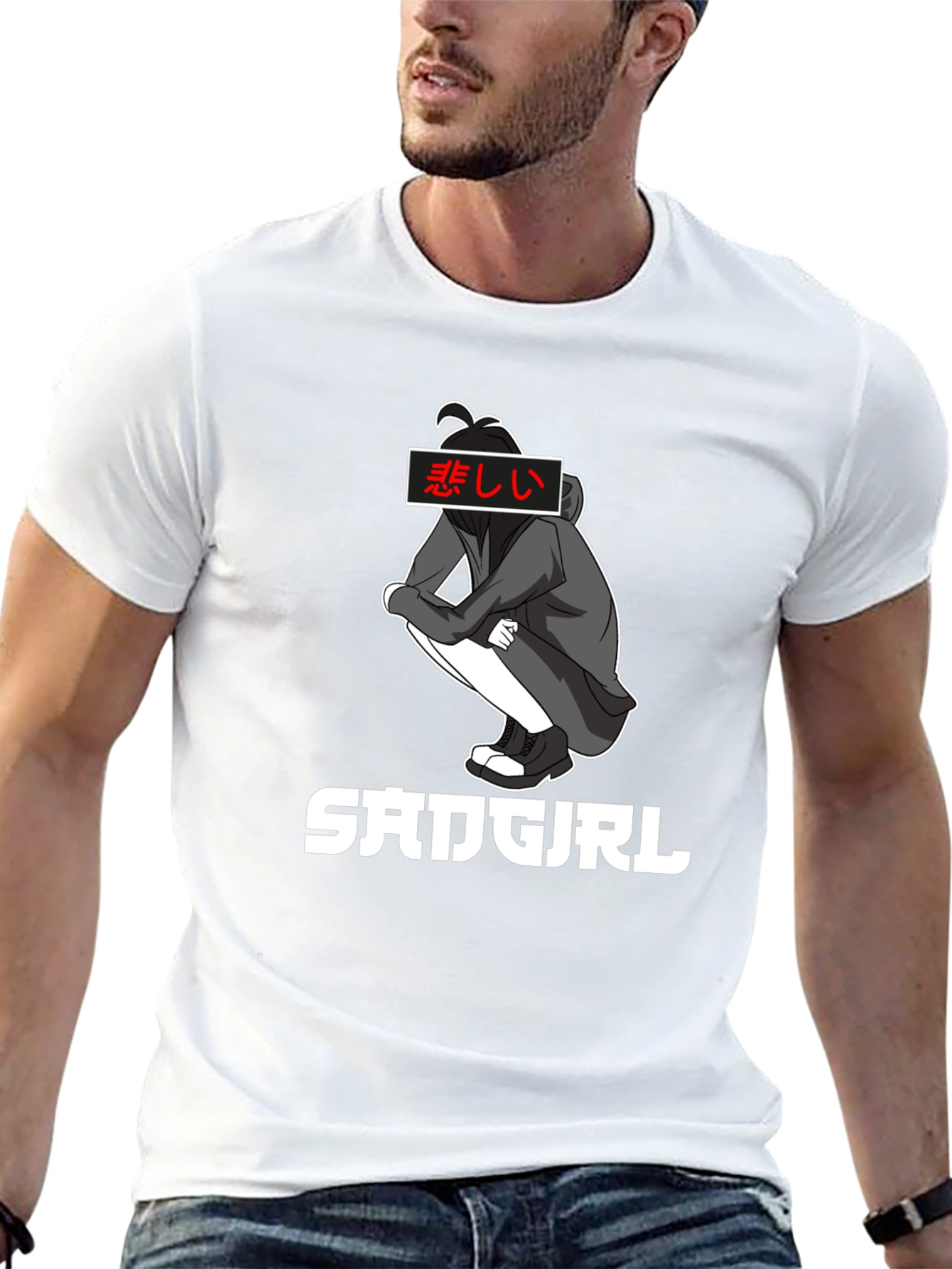 Sad Girl Anime Graphic Tee - Black Cotton T-Shirt