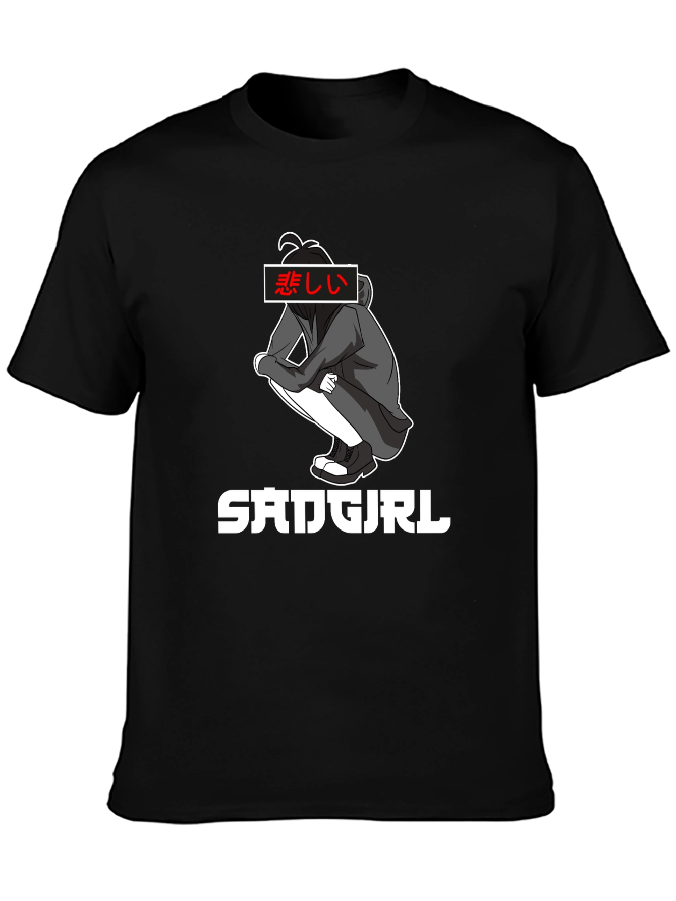 Sad Girl Anime Graphic Tee - Black Cotton T-Shirt