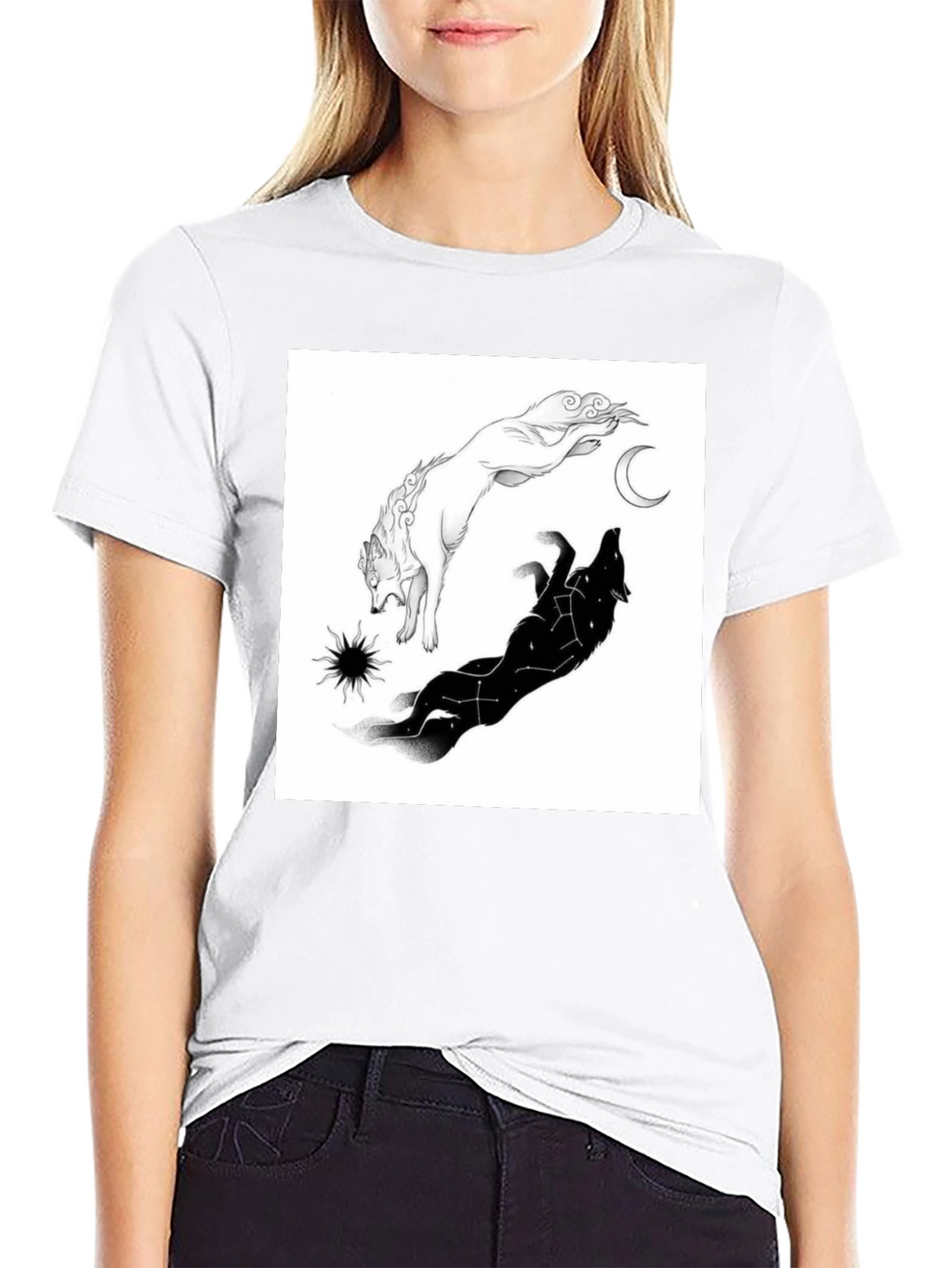 Yin Yang Wolf Graphic T-Shirt - Celestial Design