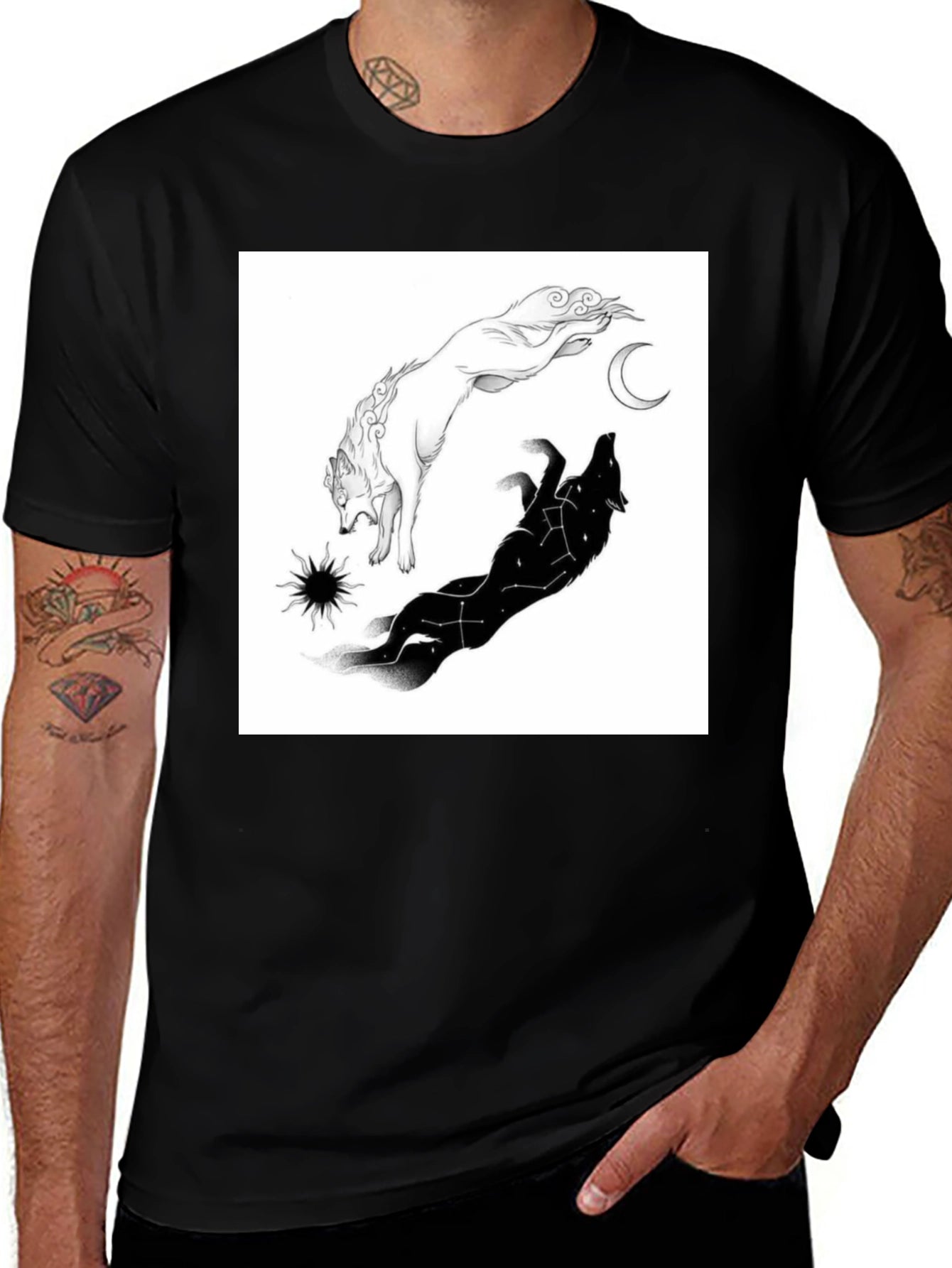 Yin Yang Wolf Graphic T-Shirt - Celestial Design