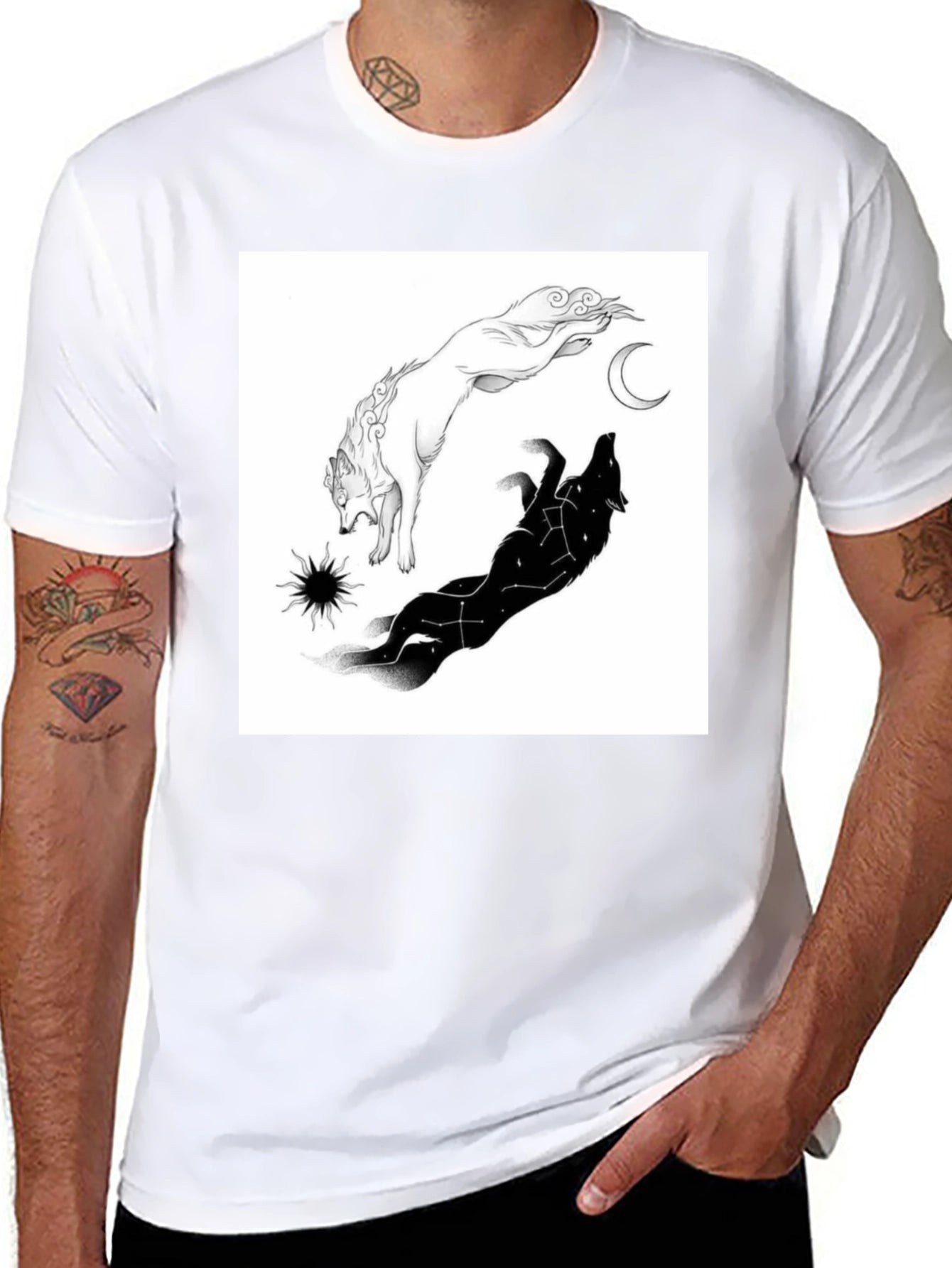 Yin Yang Wolf Graphic T-Shirt - Celestial Design