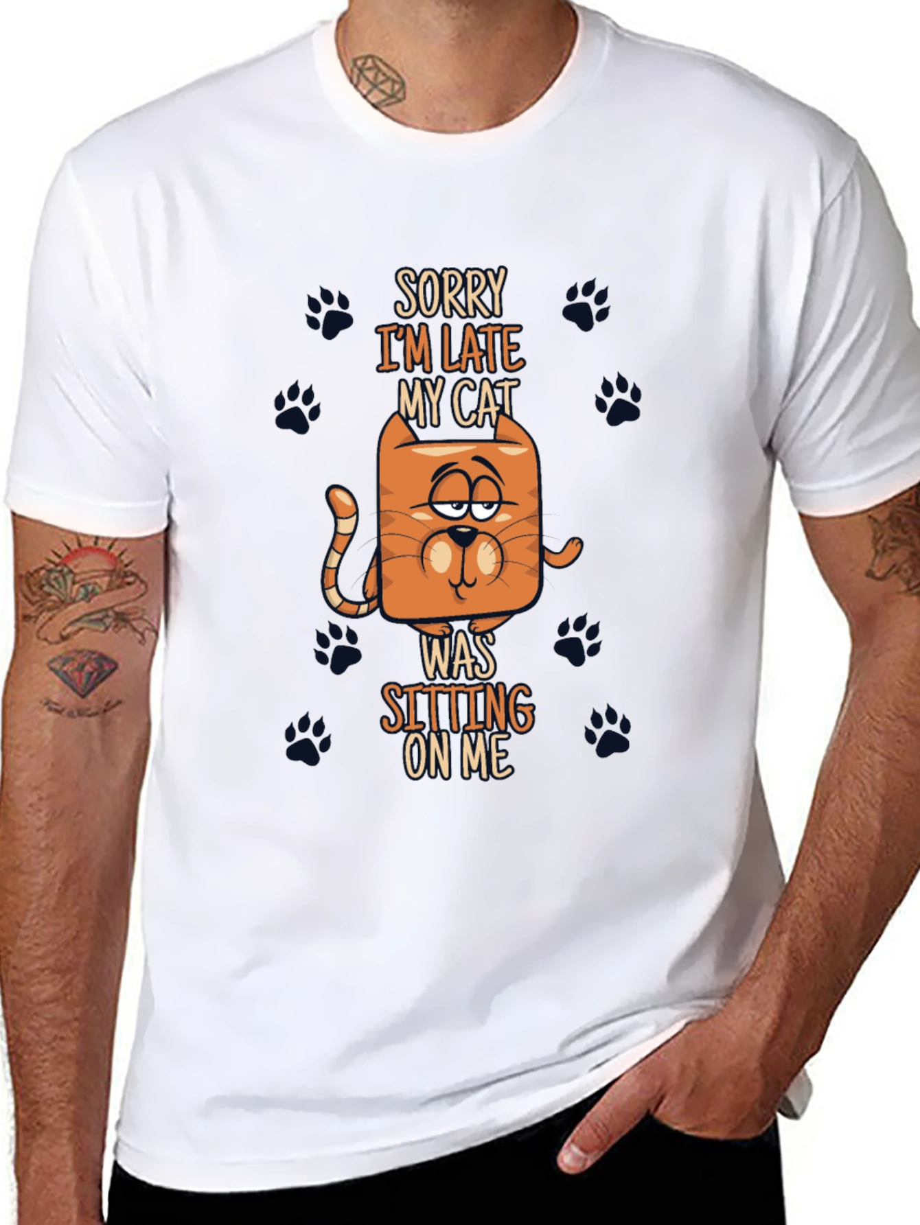 Funny Cat Graphic Tee - Sorry Im Late