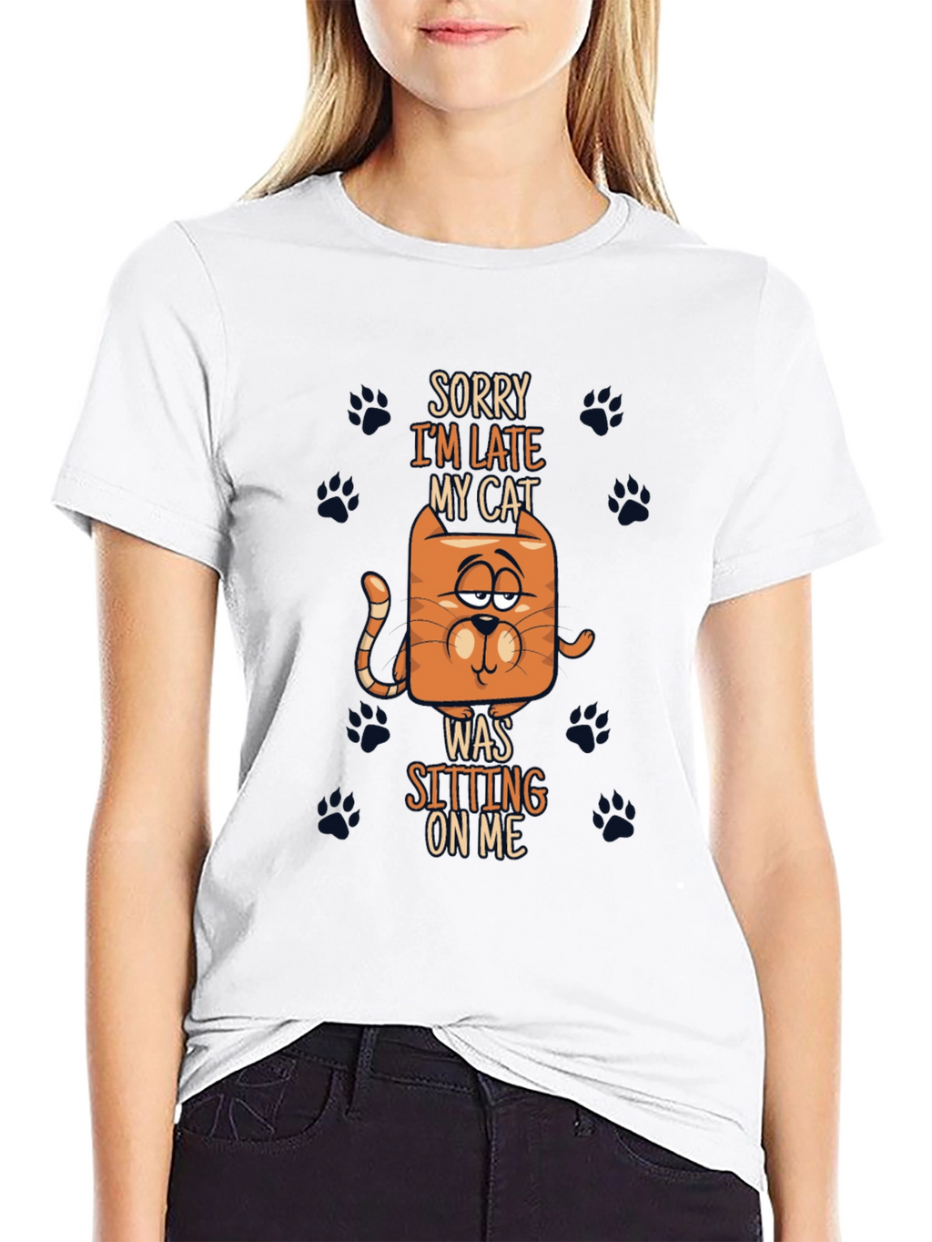 Funny Cat Graphic Tee - Sorry Im Late