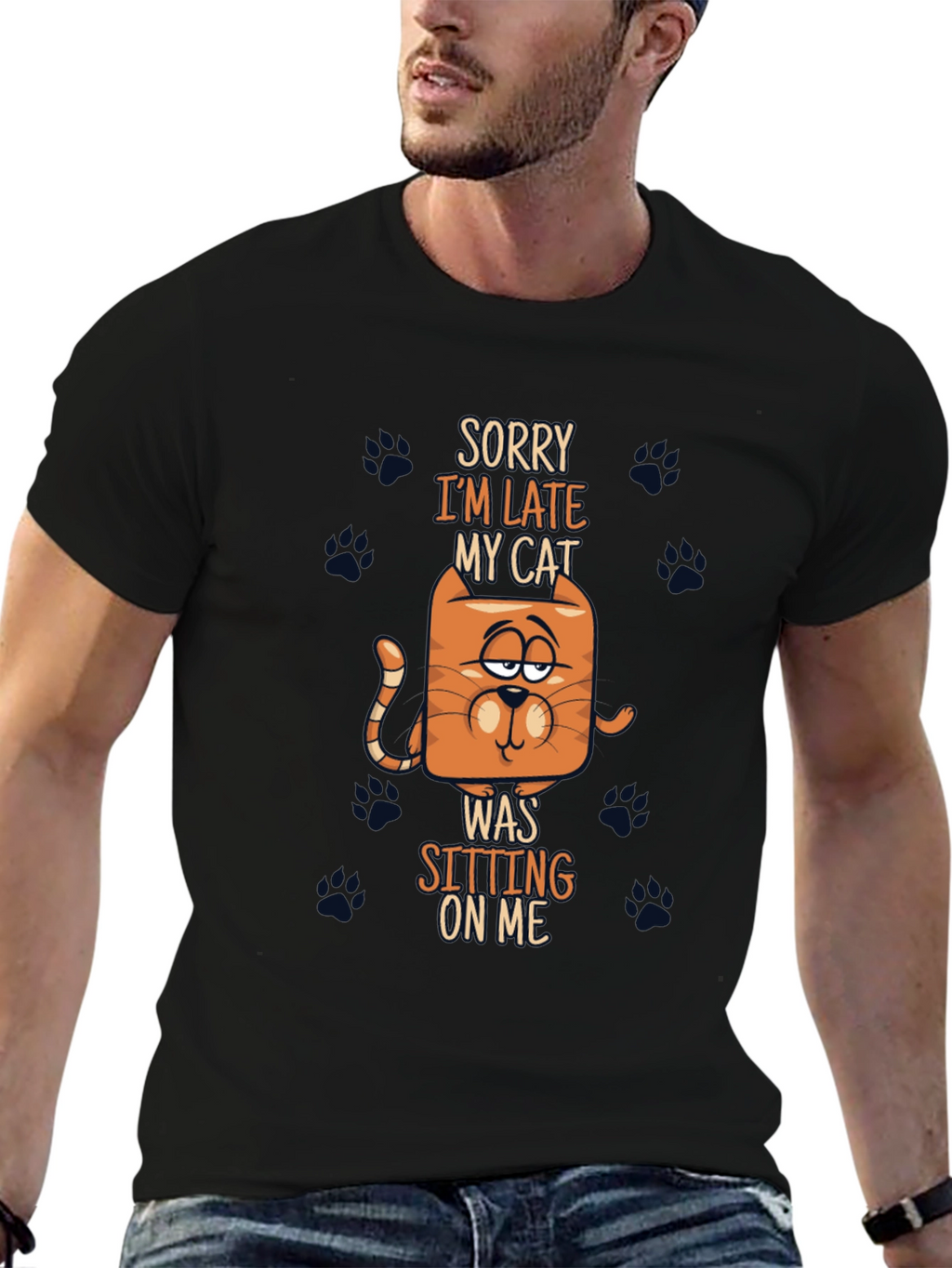 Funny Cat Graphic Tee - Sorry Im Late