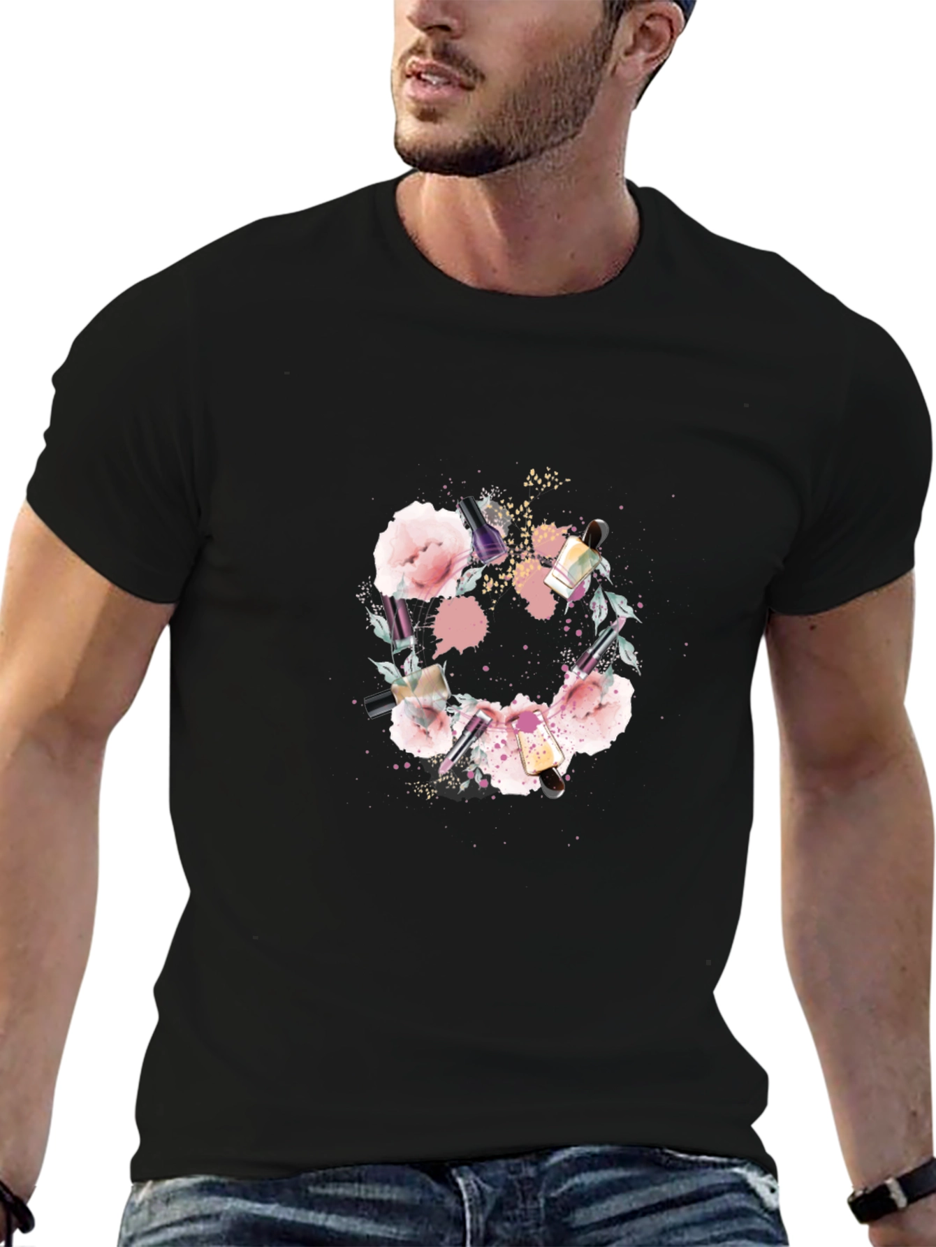 Floral Makeup Brush Graphic Tee - Trendy Design