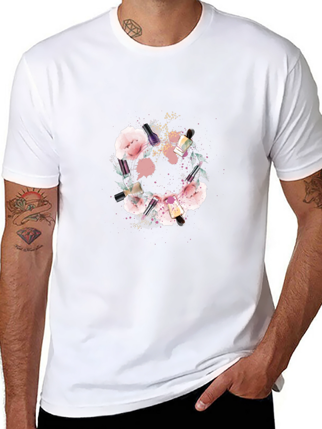 Floral Makeup Brush Graphic Tee - Trendy Design