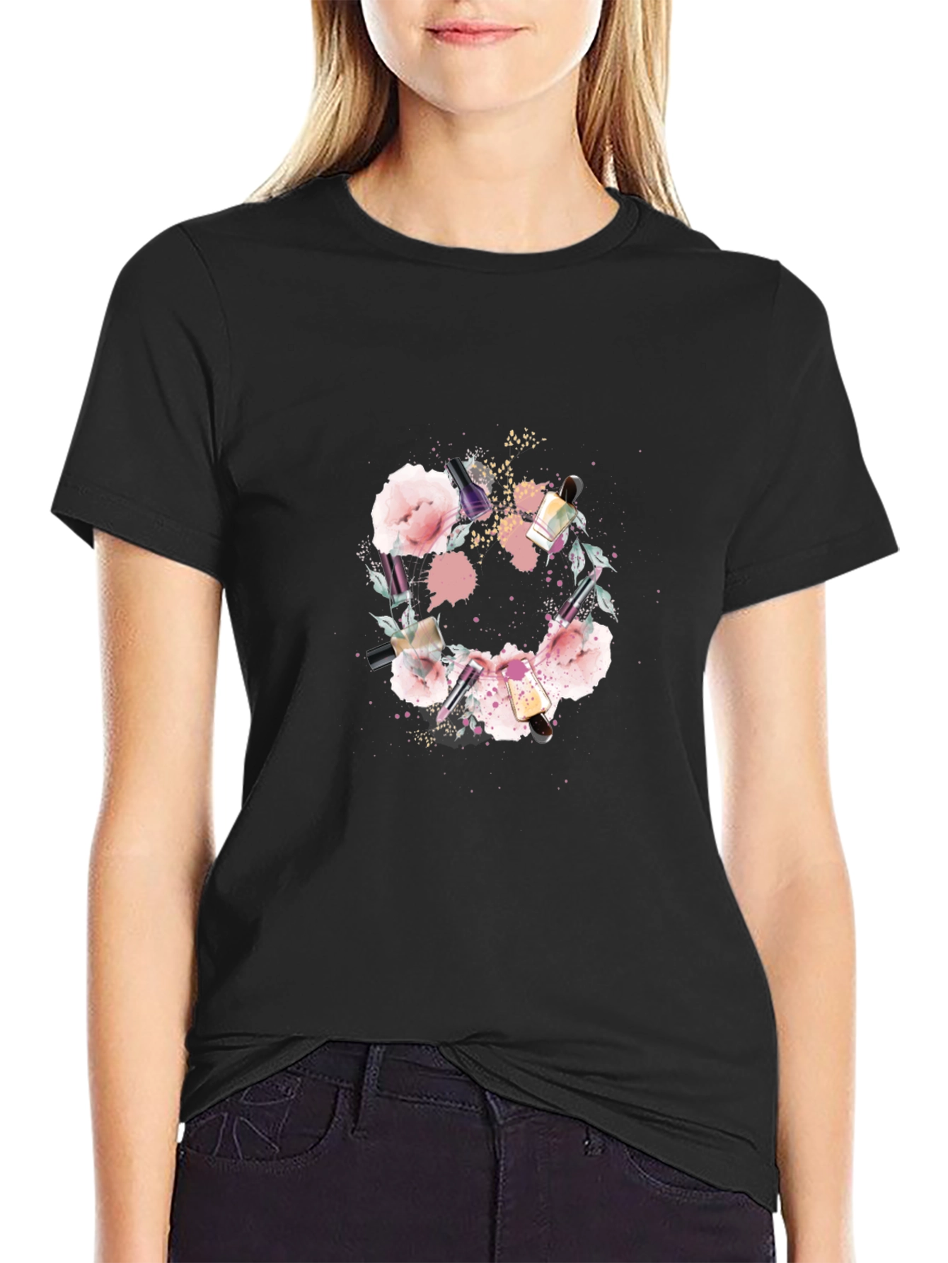 Floral Makeup Brush Graphic Tee - Trendy Design