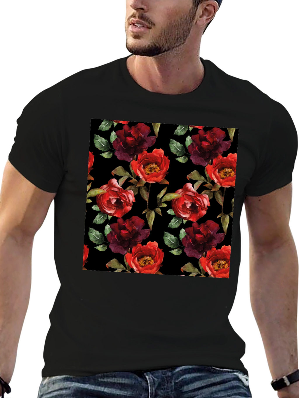 Floral Pattern Black T-Shirt
