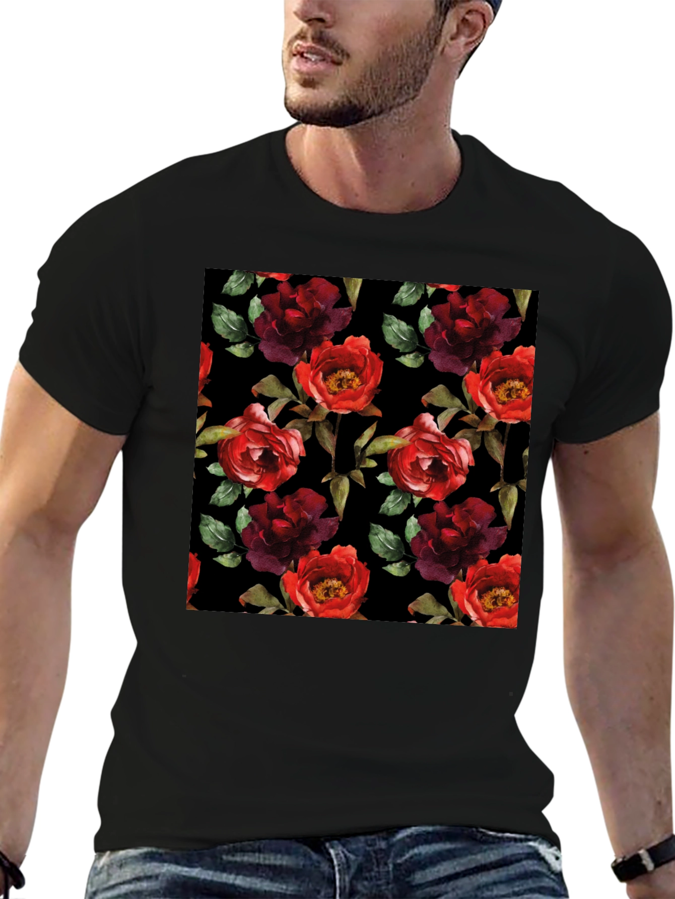 Floral Pattern Black T-Shirt