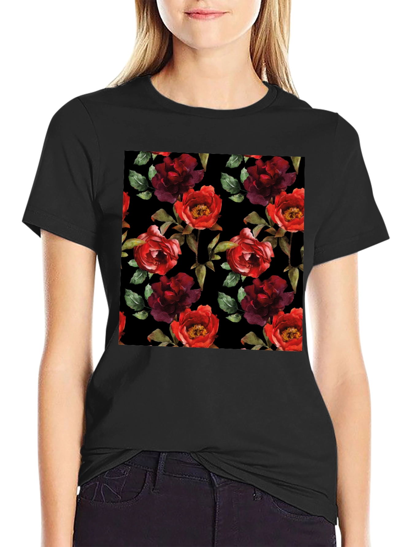 Floral Pattern Black T-Shirt