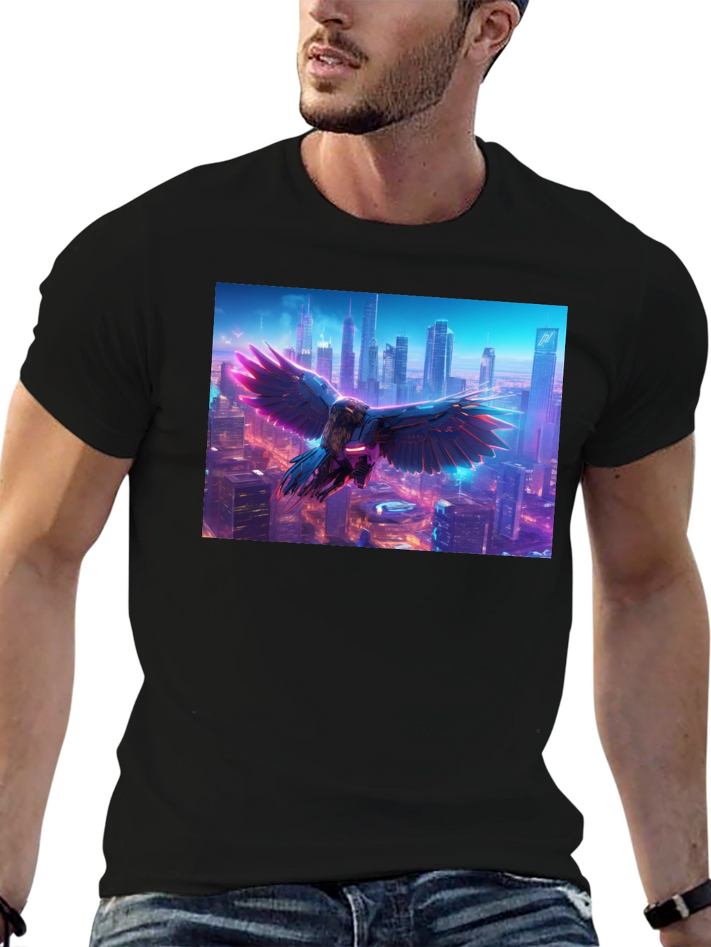 Cyberpunk Bird Cityscape Graphic Tee - Black