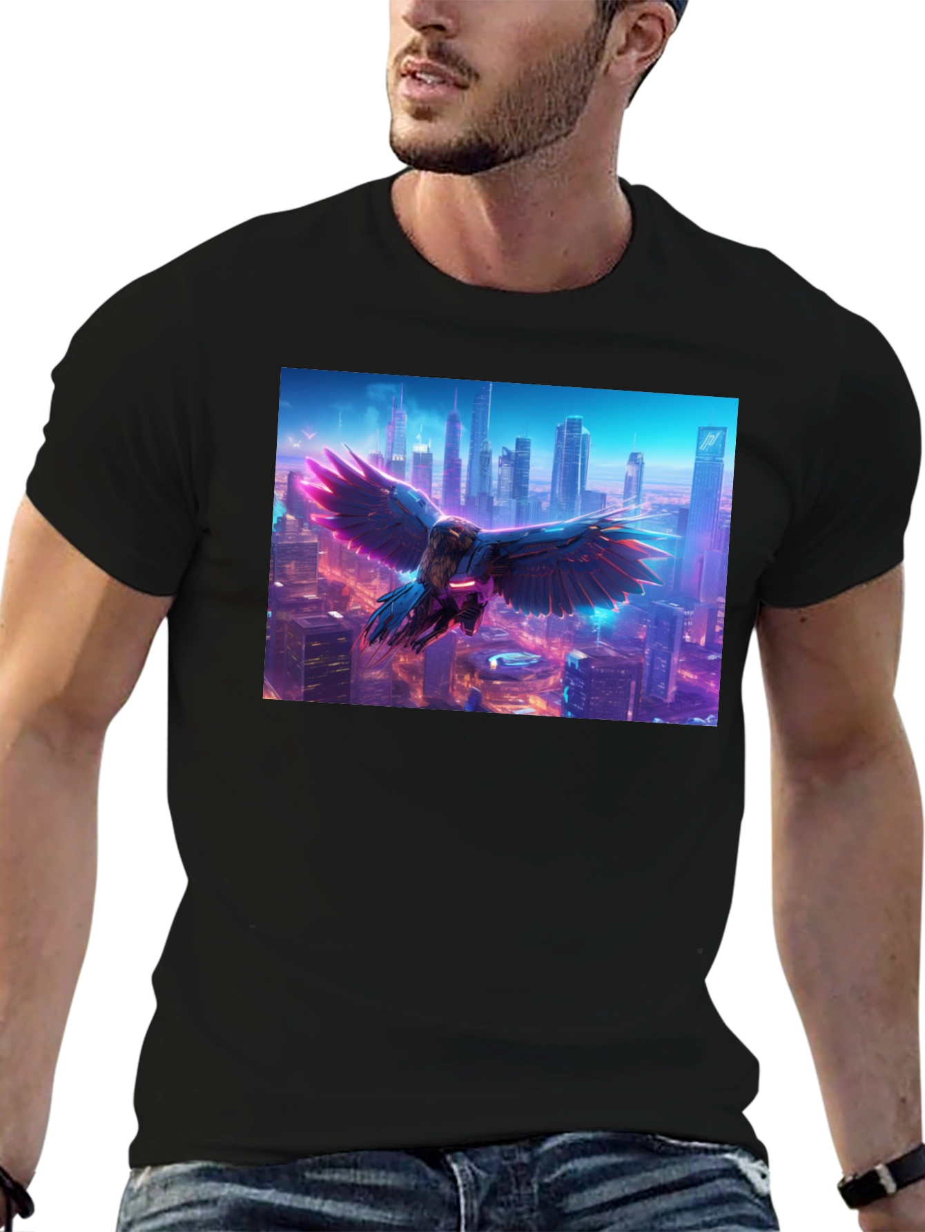 Cyberpunk Bird Cityscape Graphic Tee - Black