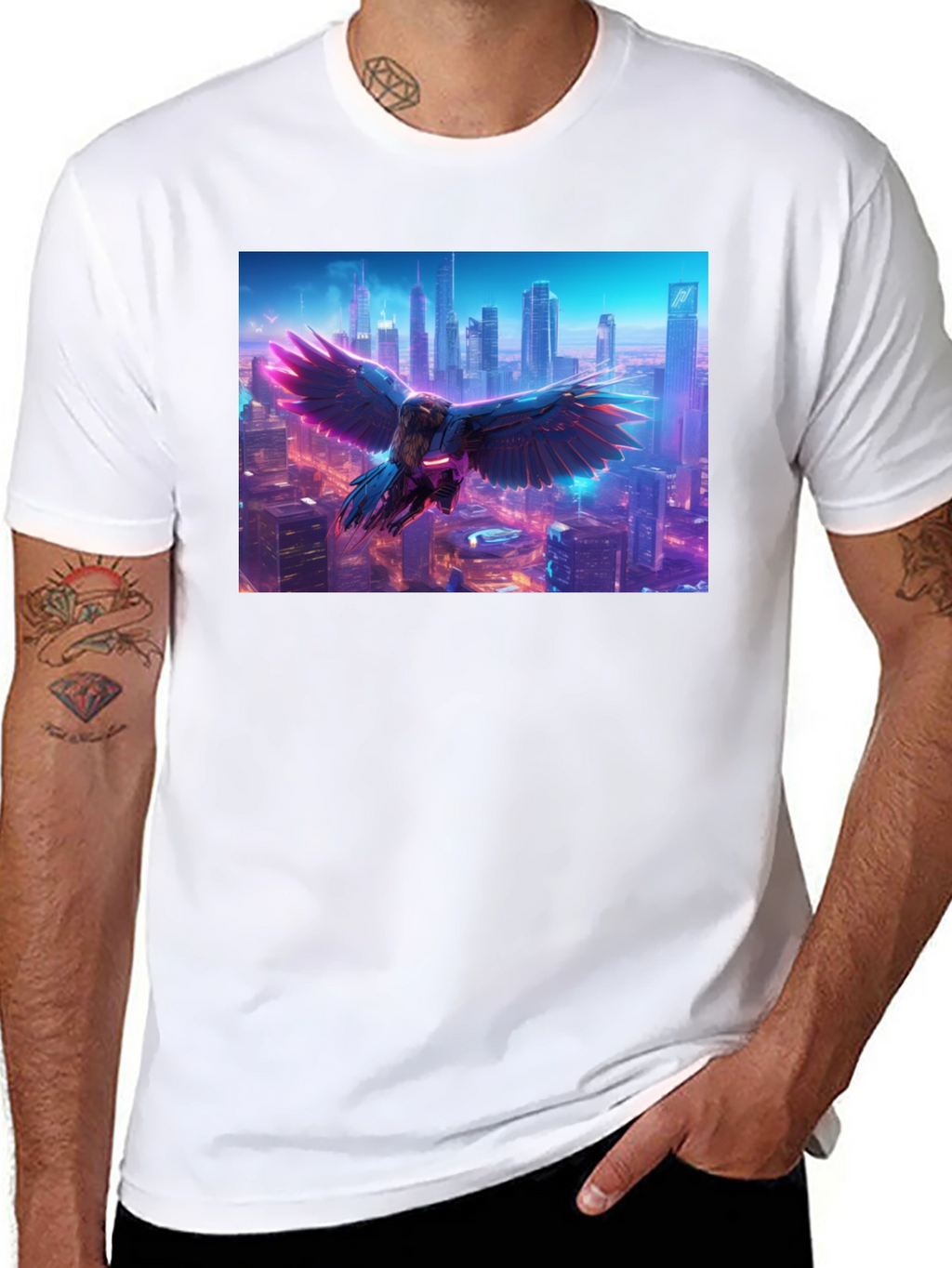 Cyberpunk Bird Cityscape Graphic Tee - Black