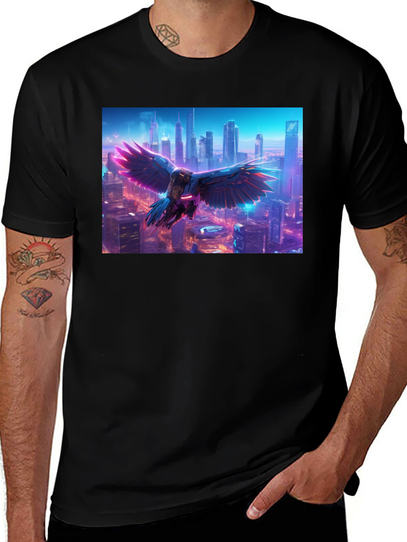 Cyberpunk Bird Cityscape Graphic Tee - Black