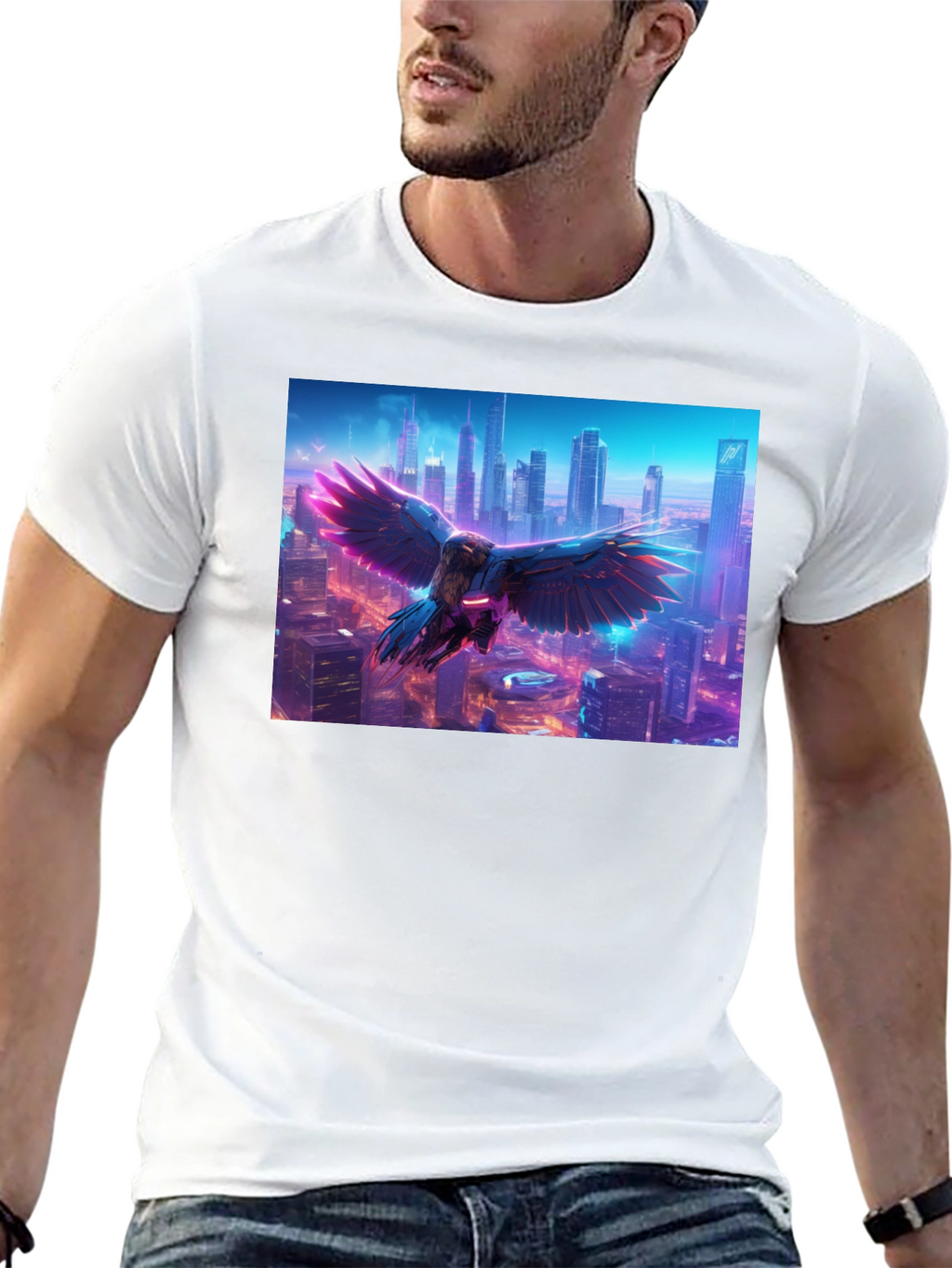Cyberpunk Bird Cityscape Graphic Tee - Black