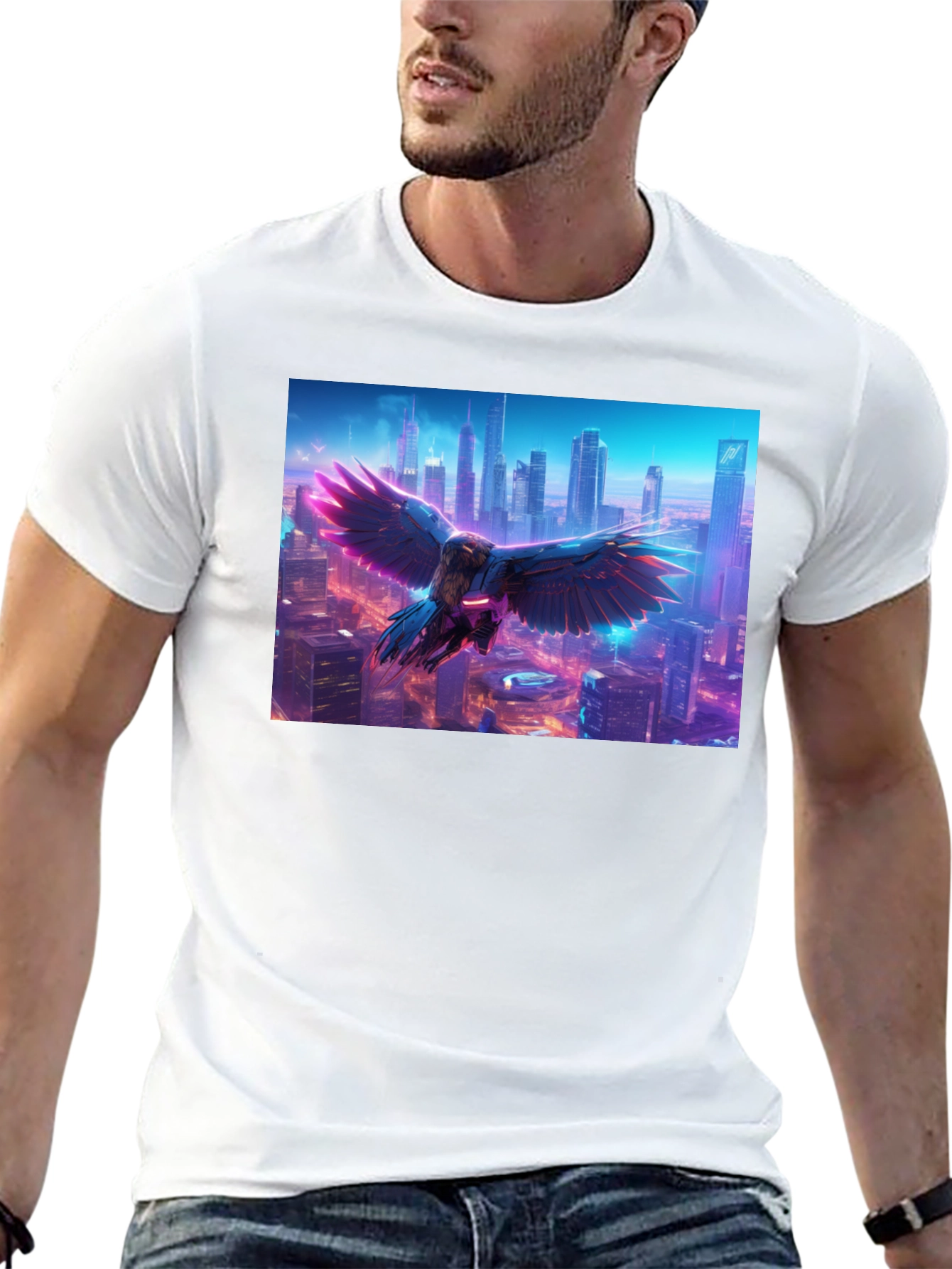 Cyberpunk Bird Cityscape Graphic Tee - Black