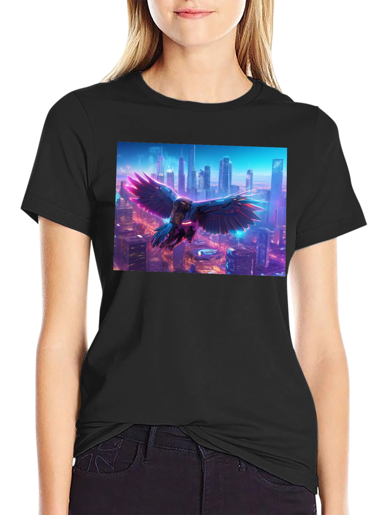 Cyberpunk Bird Cityscape Graphic Tee - Black