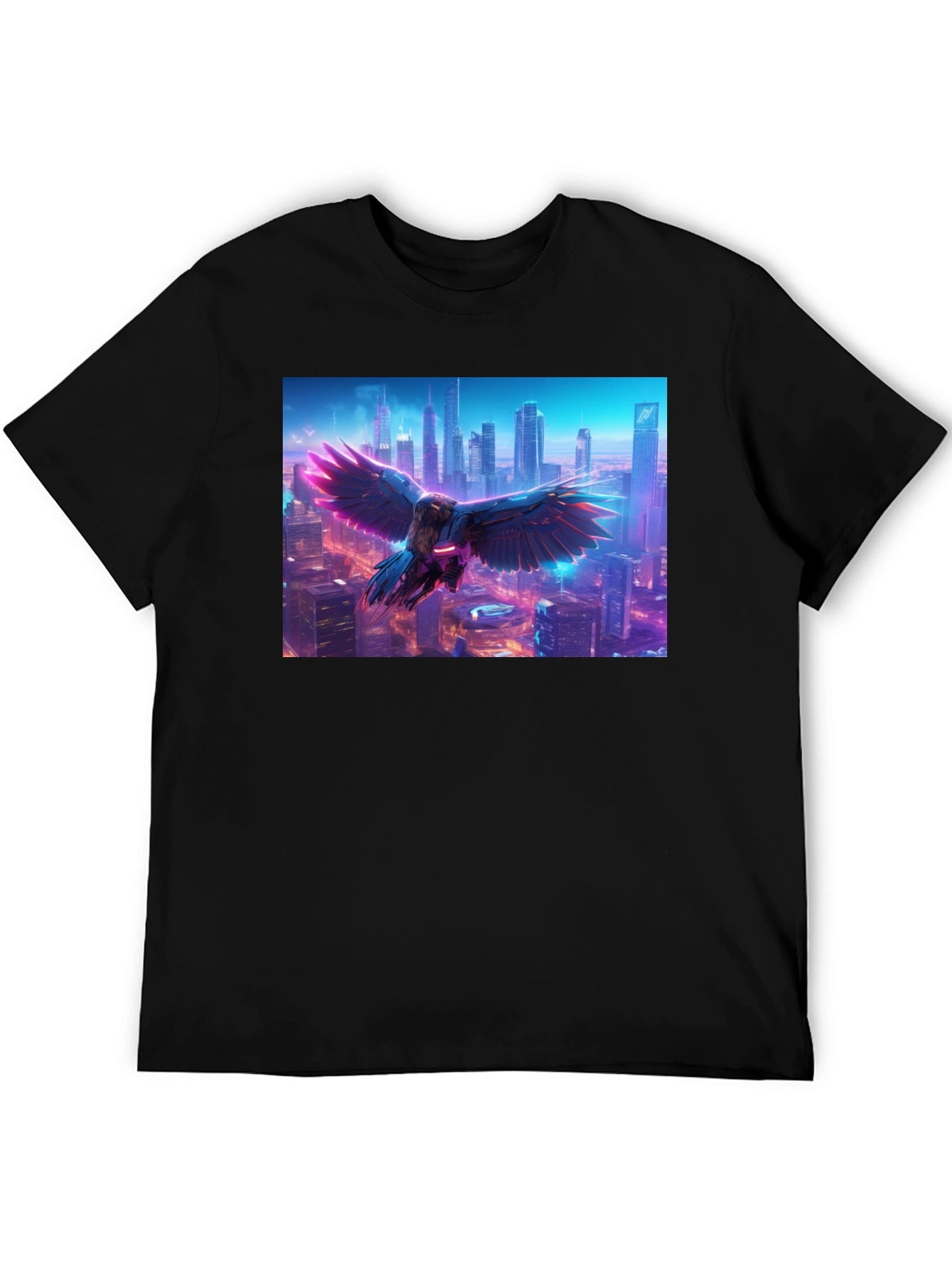 Cyberpunk Bird Cityscape Graphic Tee - Black