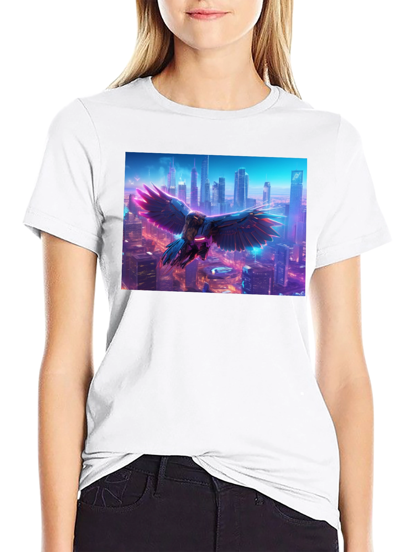 Cyberpunk Bird Cityscape Graphic Tee - Black
