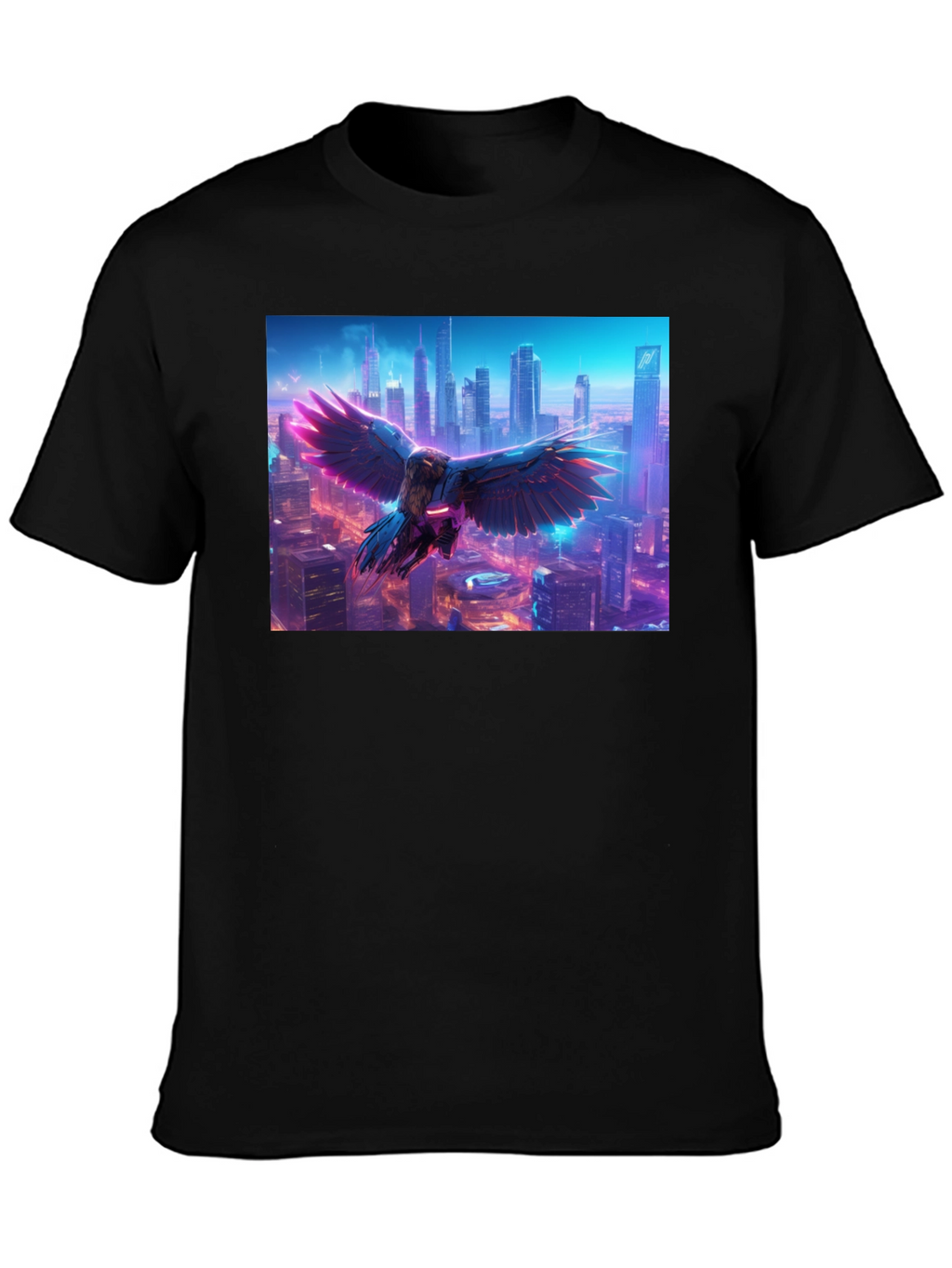 Cyberpunk Bird Cityscape Graphic Tee - Black