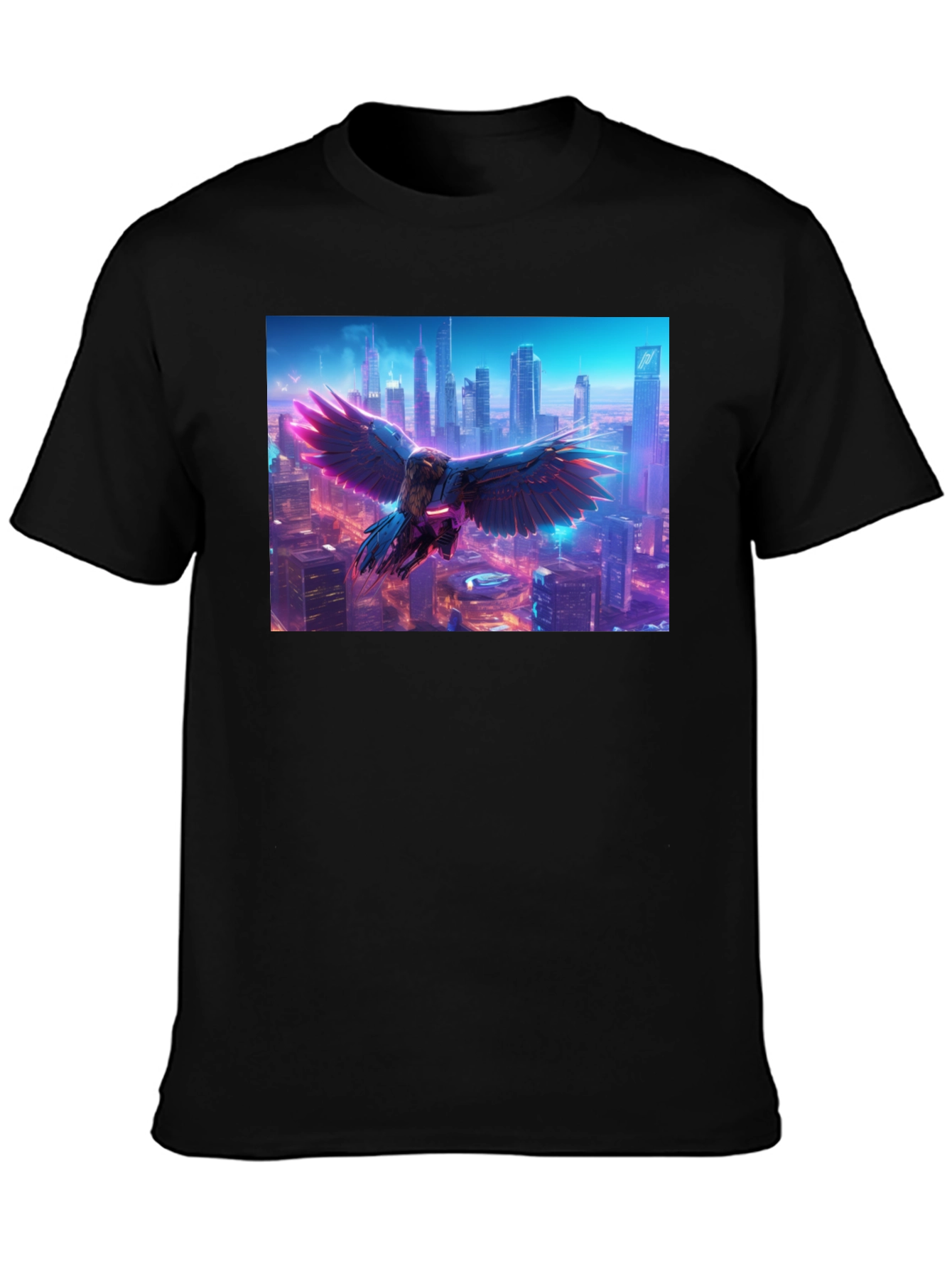 Cyberpunk Bird Cityscape Graphic Tee - Black