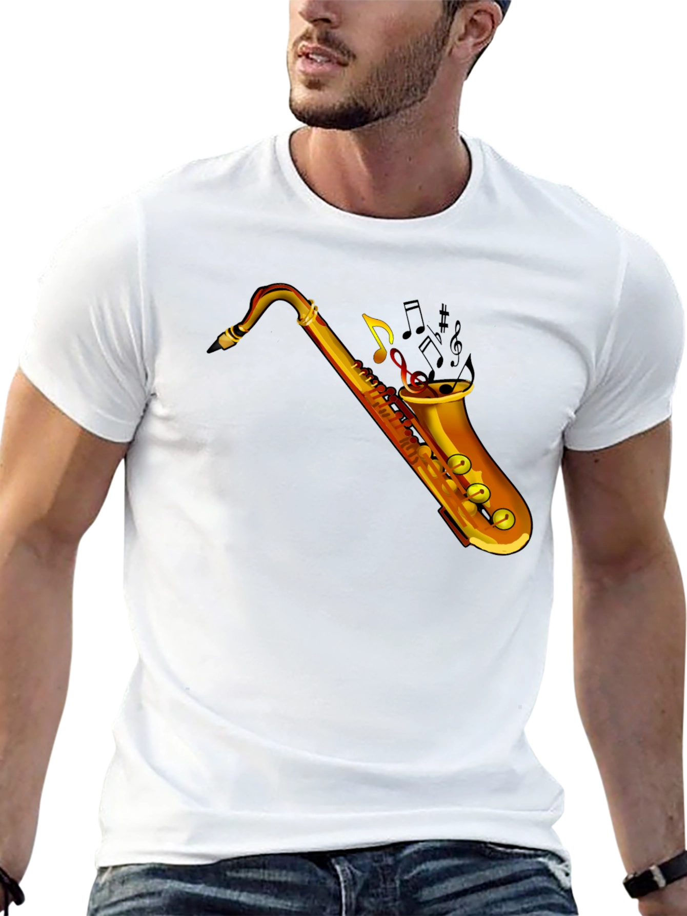 Saxophone Music Notes Graphic Black T-Shirt