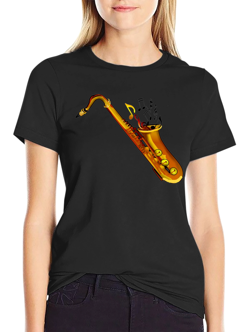 Saxophone Music Notes Graphic Black T-Shirt