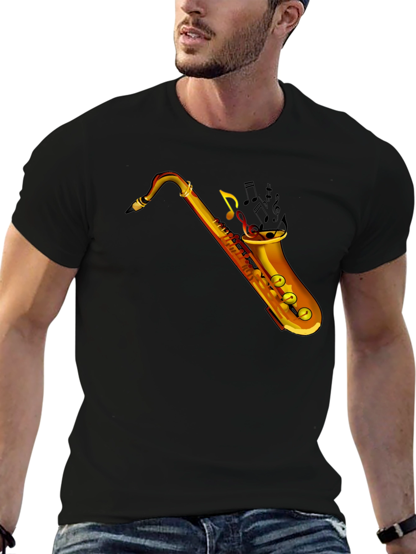 Saxophone Music Notes Graphic Black T-Shirt
